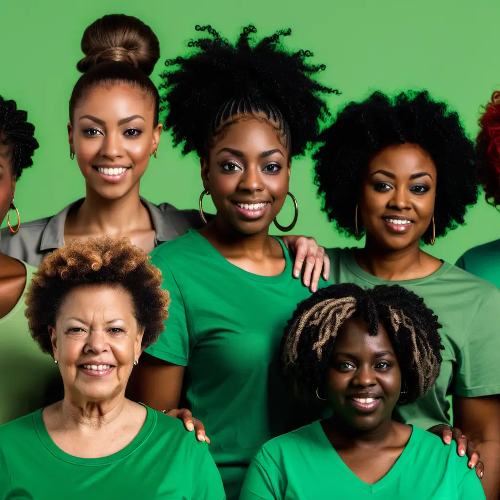 8 african american women, all ages, standing side by side, green shirt, different hairstyles