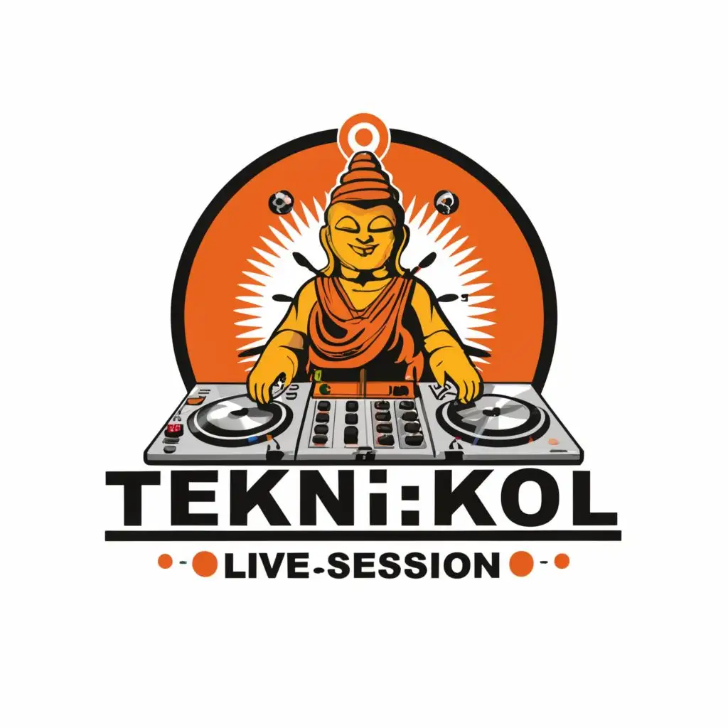 logo, white background 3 colours fat buddha and turntables, with the text "tEkNi:KoL - Live Sessions" indian font, typography, be used in dance music industry
