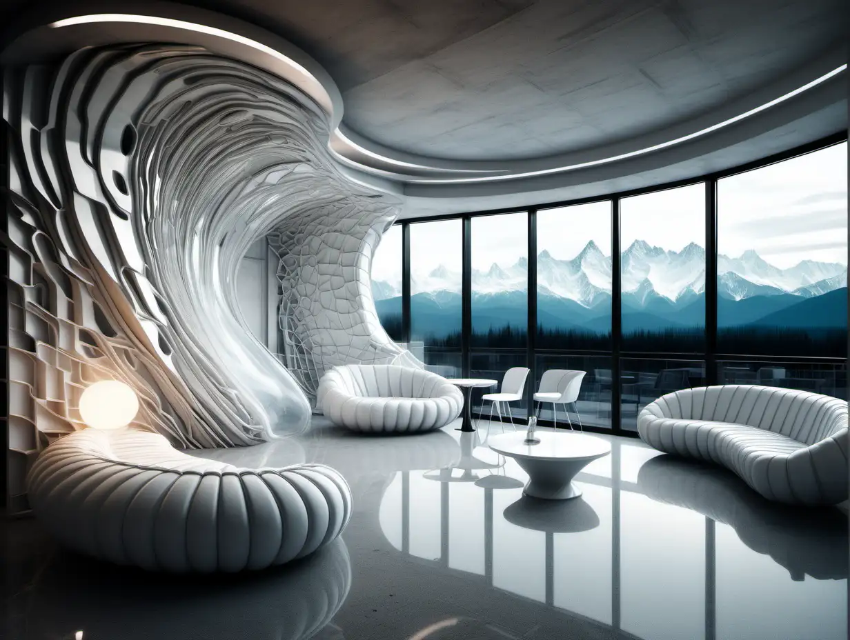 Futuristic Cyberpunk Hotel Terrace with Recycled Furniture in High Tatras View
