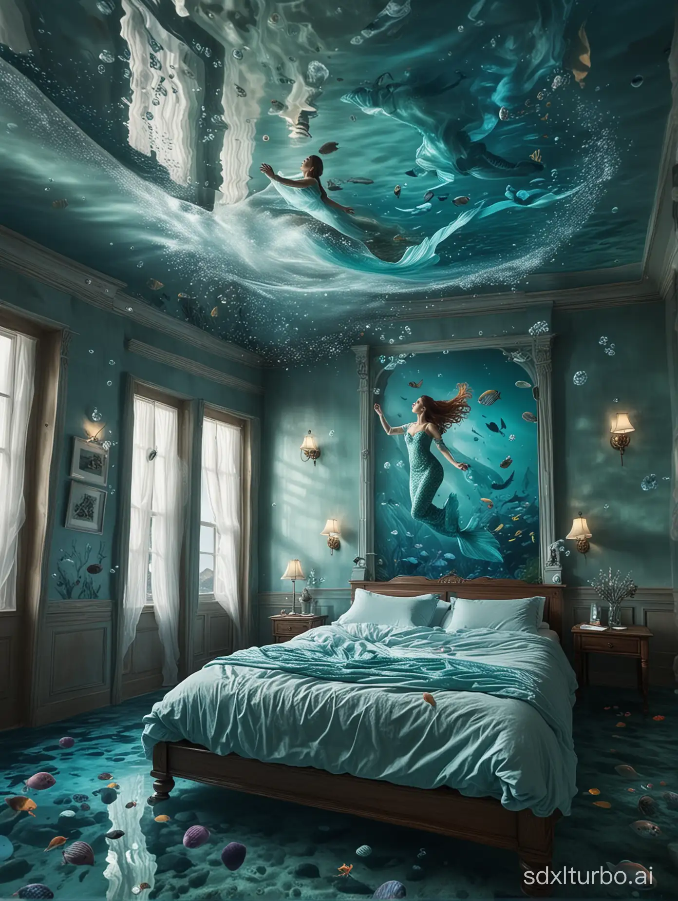 Immerse yourself in an unusual underwater bedroom where a beautiful woman floats in the air above the bed, creating the illusion of floating underwater in a beautiful mermaid-like dress, adding a colorful touch to the surreal ambiance of the room, the walls set the tone for a realistic aquatic atmosphere filled with bubbles, sea life and marine life. Natural light streams in through the window, enhancing the illusion of an underwater world.