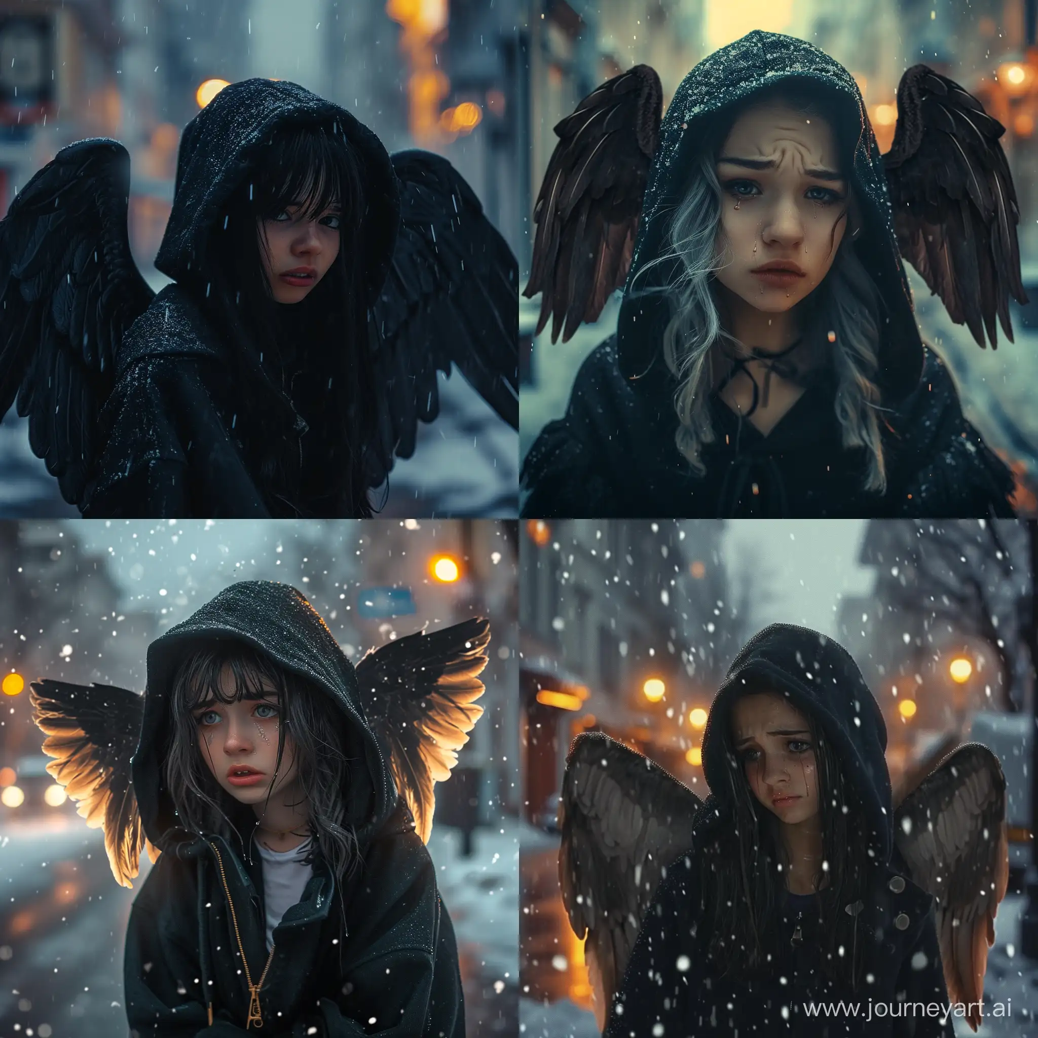 عکس دختر خوشگل 18 ساله با مدل موی پسرانه و هودی مشکی کلاه داره  دوتا بال دارد مانند فرشته ها ایستاده وسط خیابان در غروب زمستان در حال بارش باران بغض کرده