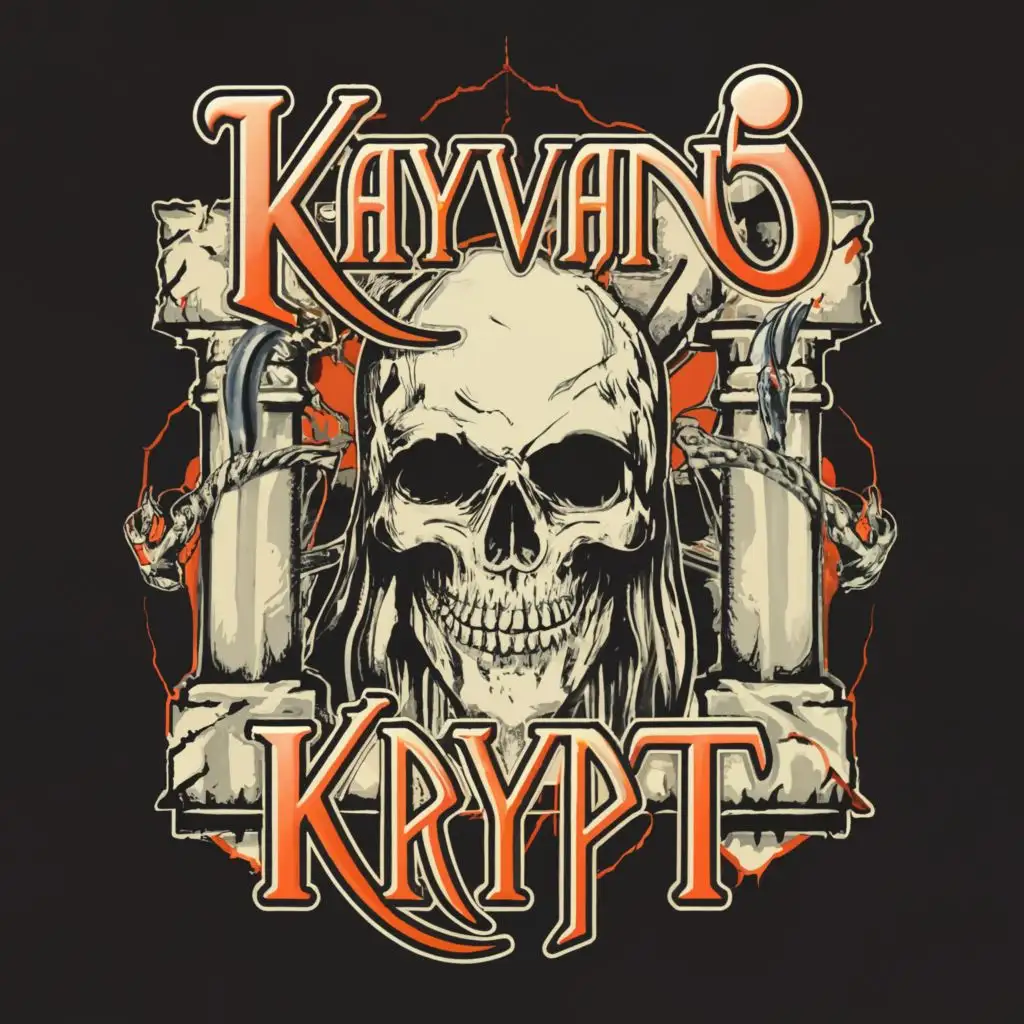 logo, dead, reaper, skeletal, bones, stone wall with columns, death, underground crypt, with the text "Kayvan's Krypt" in a metal band font