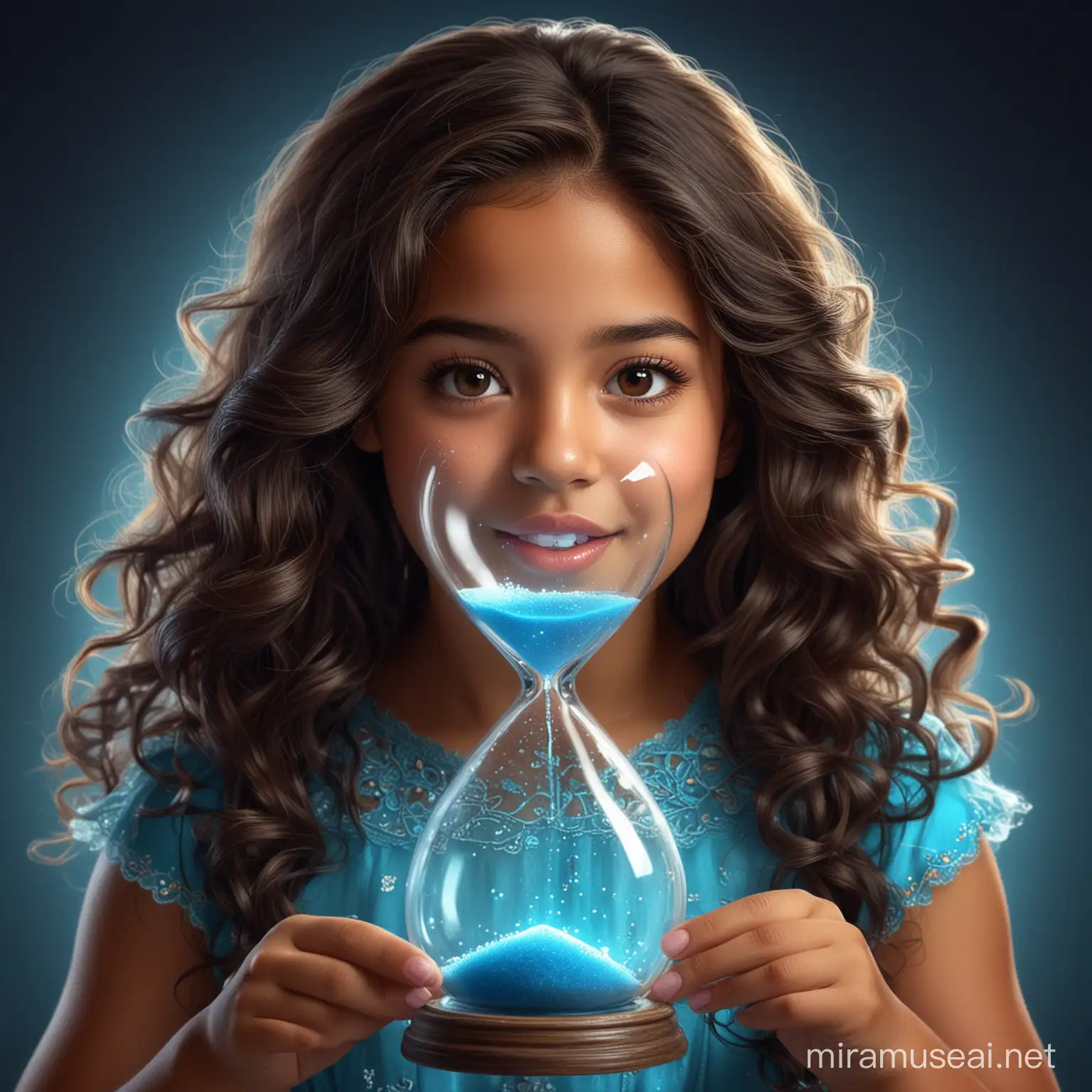 a picture from head to toe of an adorable hispanic girl with hour glass shape. glowing eyes. portrait. voluminous hair. neon. very intricately and microscopically detailed. very intricately and microscopically detailed. glossy lips. She has on a blue dress and has dark brown eyes. she should look very excited.