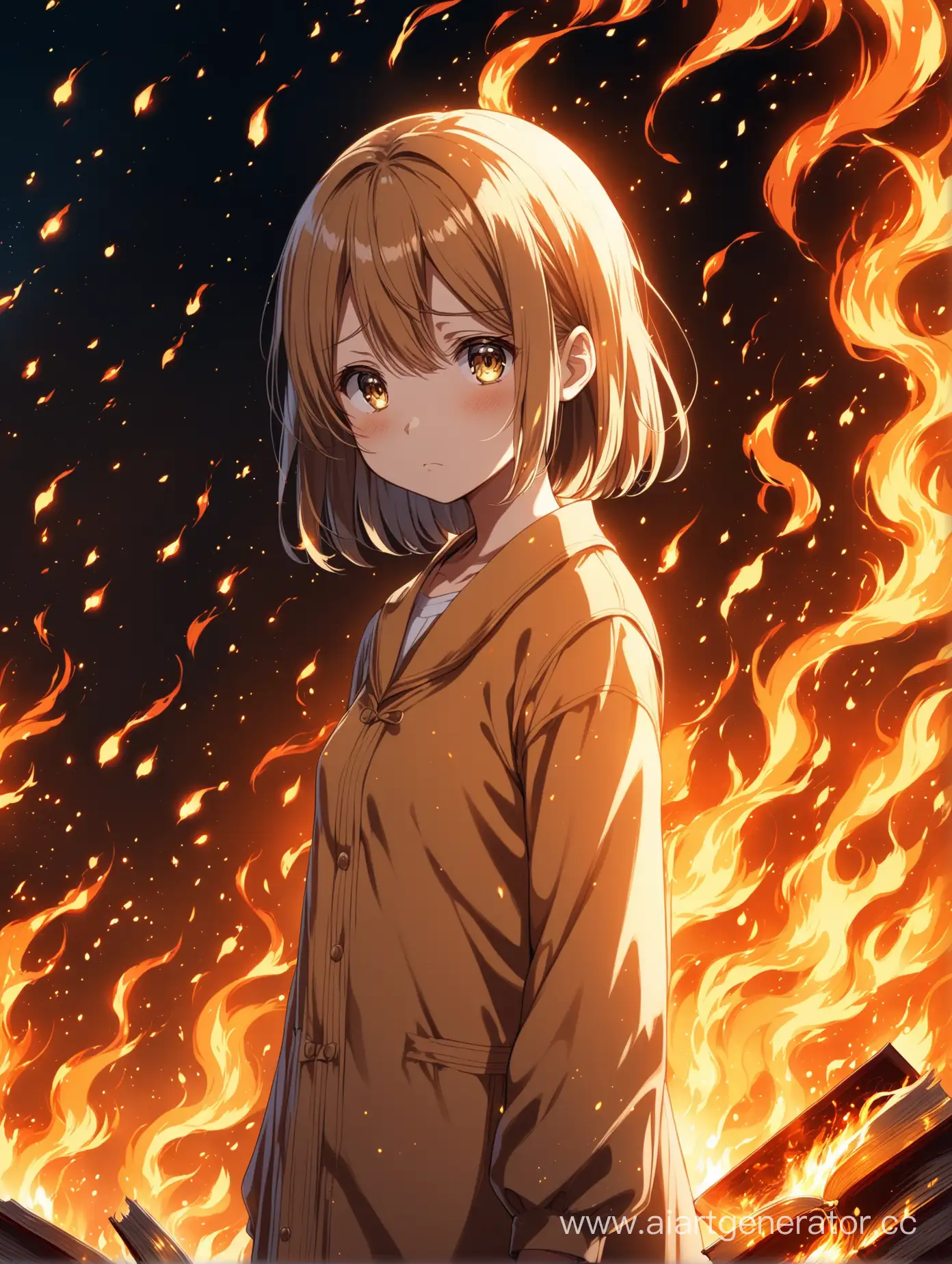 Аниме девочка стоящая с огнем, но при этом чем-то грустная, смотрит куда-то. Обложка для книги