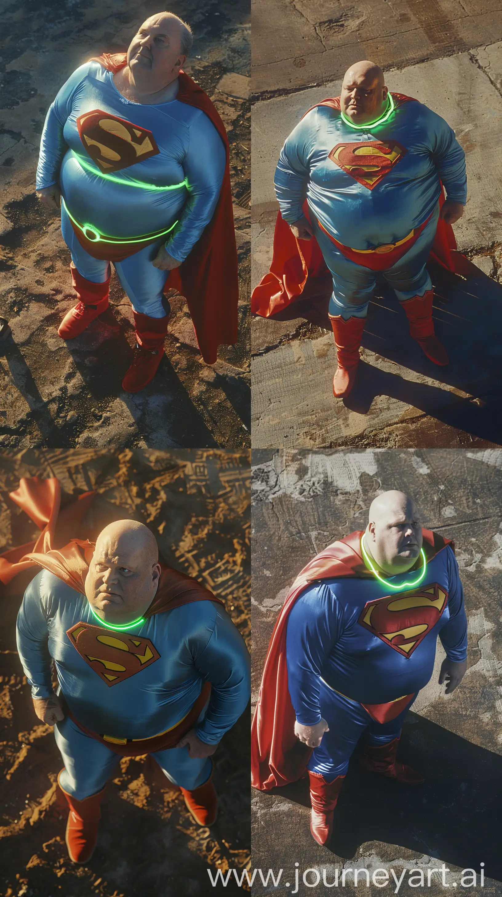 Aerial close-up full body photo of a fat man aged 60 wearing silk blue 1978 superman costume with a large red cape and red boots and a tight green glowing neon dog collar. One knee on the ground looking at the sky. Outside. Bald. Clean Shaven. Natural light. --ar 9:16