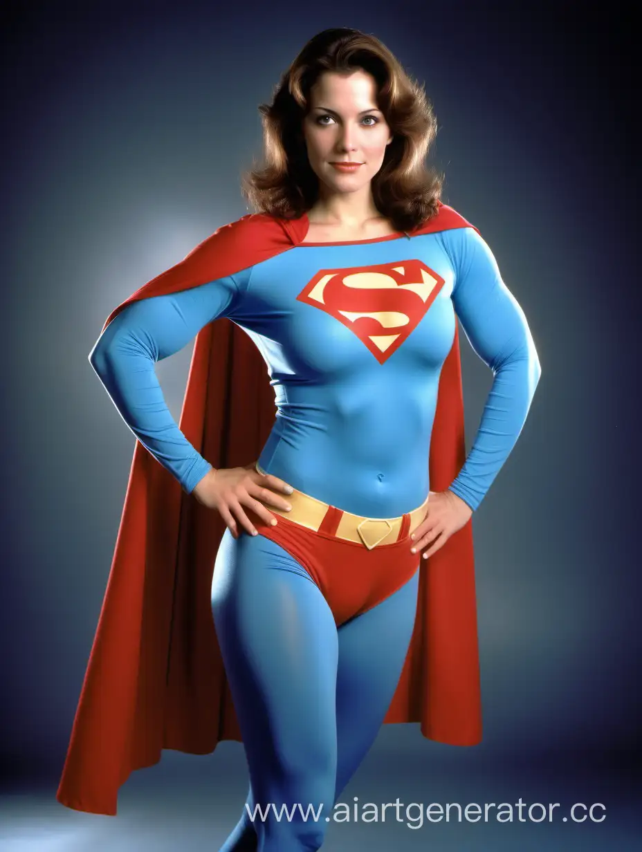 A beautiful woman with brown hair, age 35, She is happy and muscular She is wearing a Superman costume with (blue leggings), (long blue sleeves), red briefs, and a long cape. Her costume is made of very soft cotton fabric. The symbol on her chest has no black outlines. She is posed like a superhero, strong and powerful. Bright photo studio. In the style of a 1980s movie. 