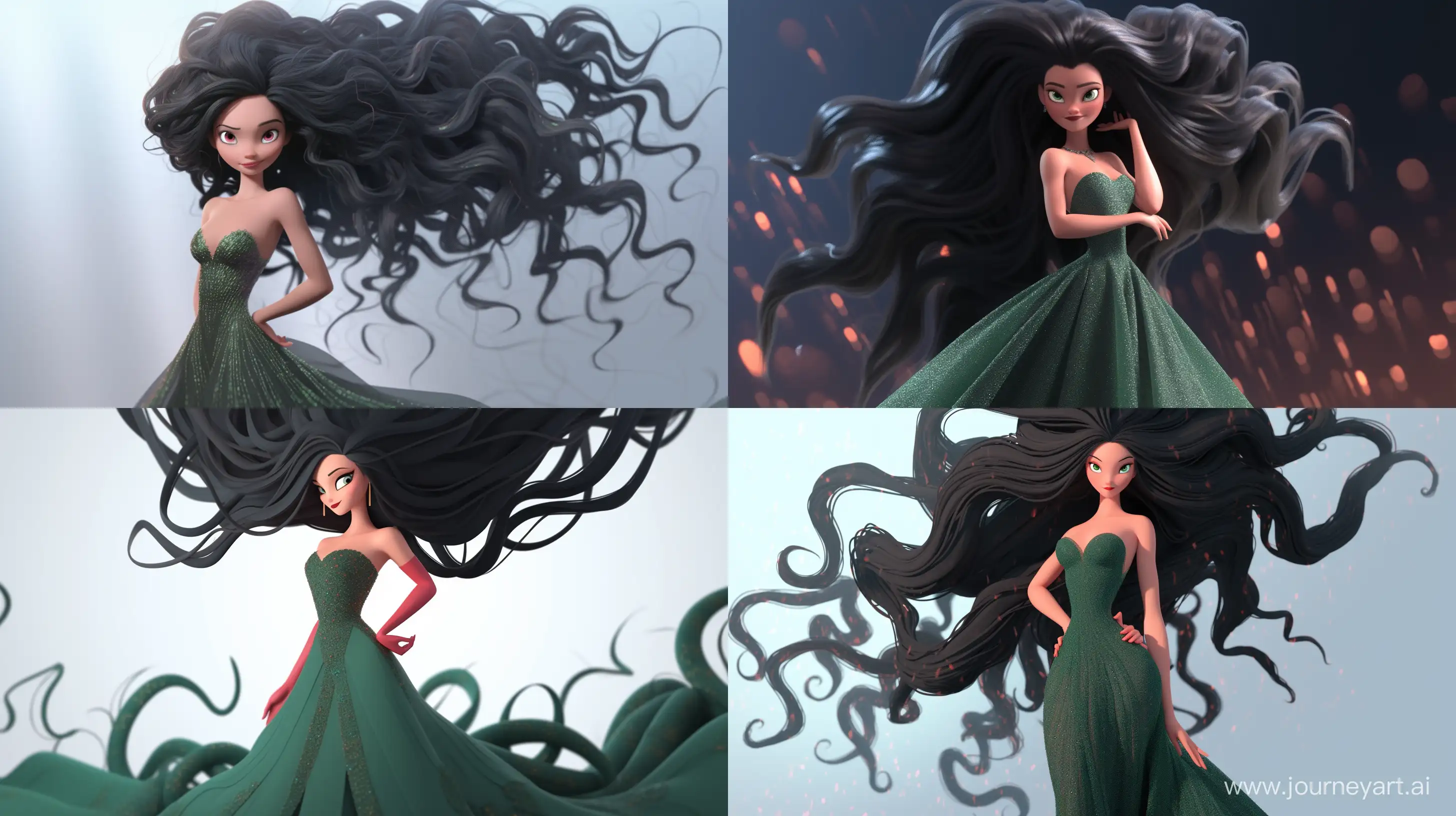 medusa looking seductive in a silky emerald dress, 3D animation, pixar style --niji --ar 16:9
