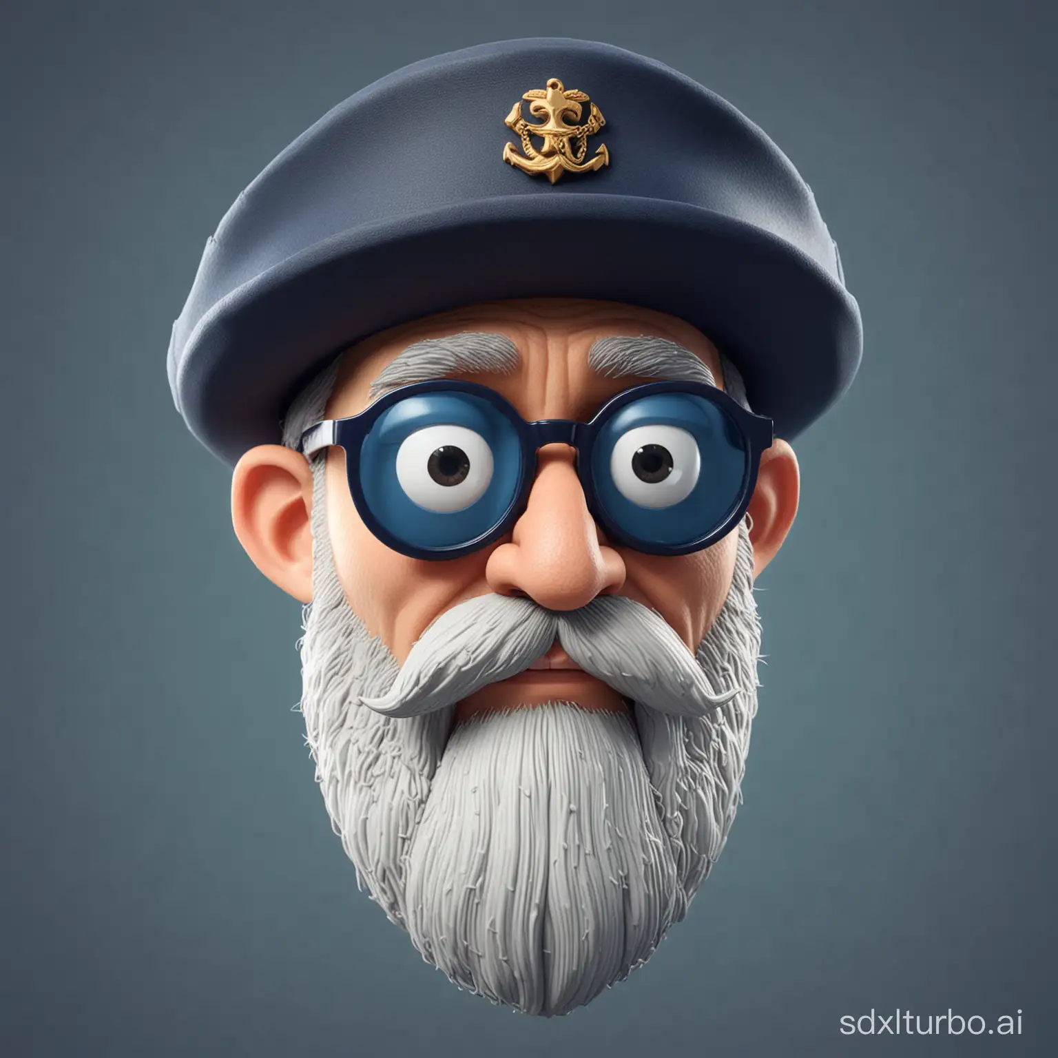a cartoonish 3d head model of a man with somewhat long beard and a navy hat and round soundglasses