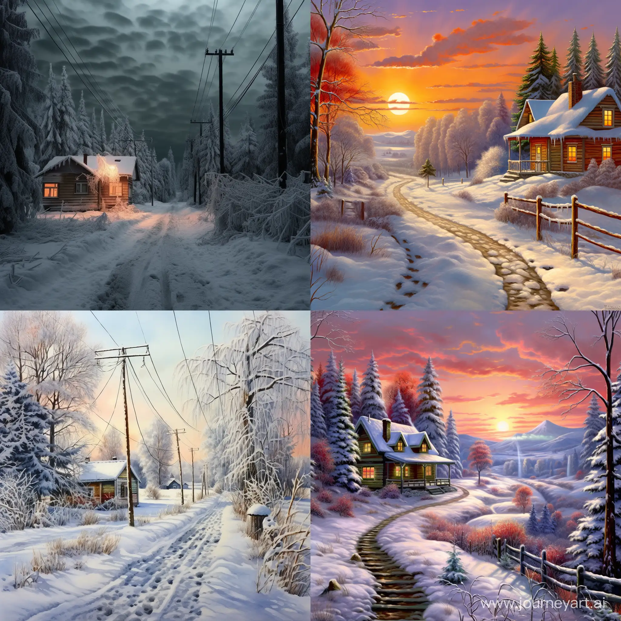 Idyllic-Winter-Village-Landscape-with-Cozy-Cottage-and-Snowcovered-Forest
