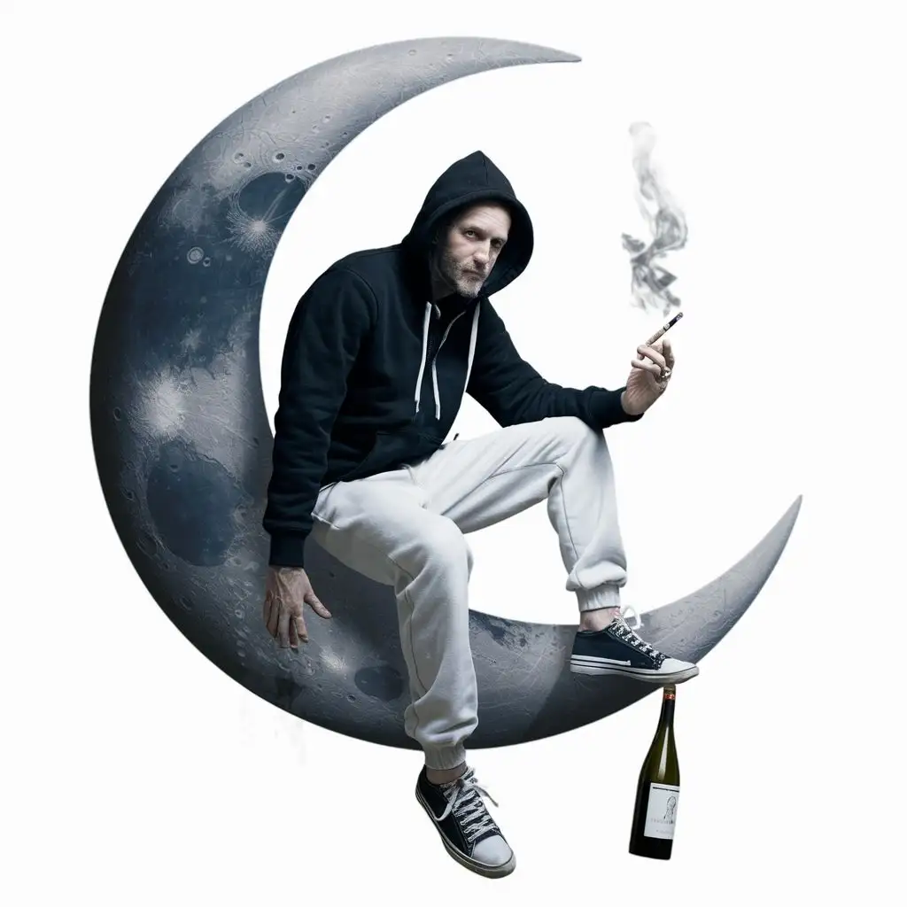 a crescent moon on it sits a man in a black hoodie and white pants with sneakers in his left hand he has a smoldering cigarette, his right hand hangs down and a bottle of wine in it
