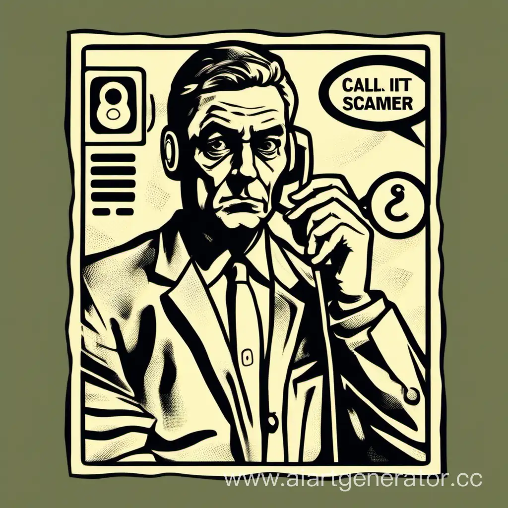 на плакате изображен серьезный человек с телефоном в руке, который символизирует звонок от потенциального мошенника. Вокруг него нарисованы палочки-динамики, словно сигнал опасности.