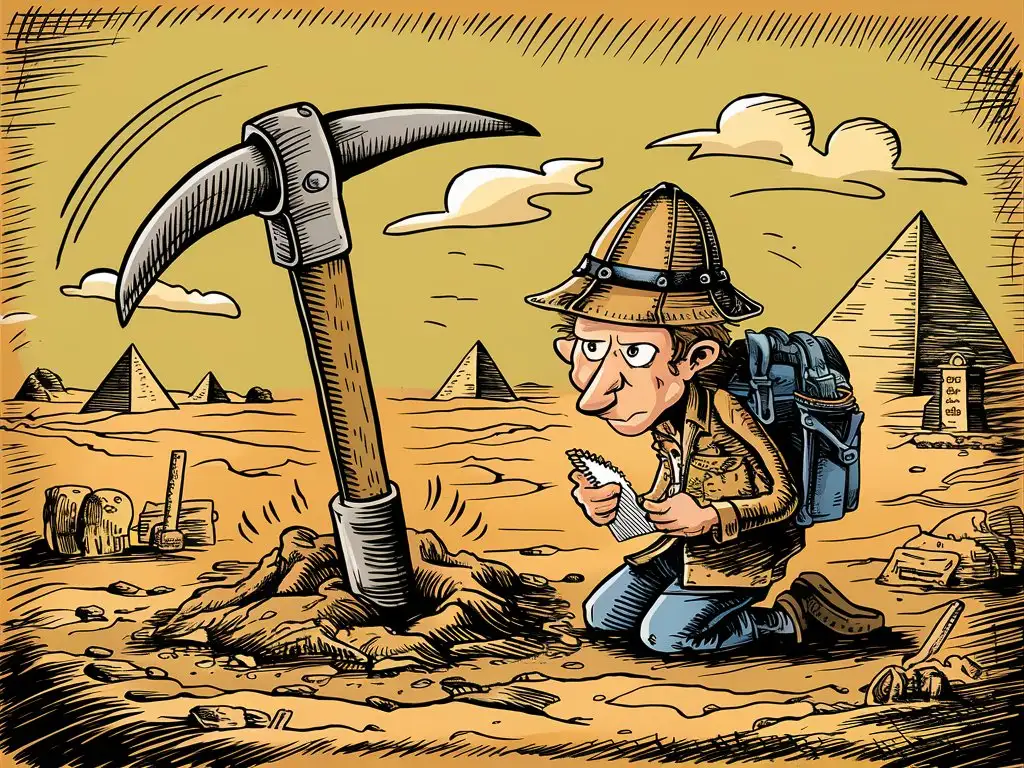 pickaxe, archeology, excavation, pickaxe stuck in the ground, style cartoon