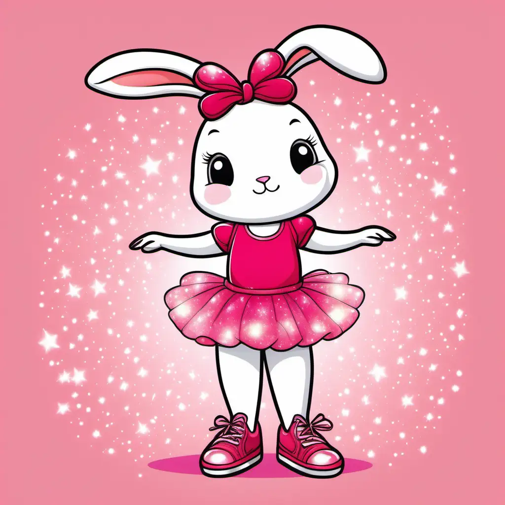 In cartoon style, an image of a beautiful little girl bunny rabbit,  wearing red shoes, dressed as a ballerina, her outfit is pink and has glitter on it. head to toe full body, in a standing, wearing a pair of magical, bright, shiny ruby red sneakers, similar to a Loony Tunes cartoon