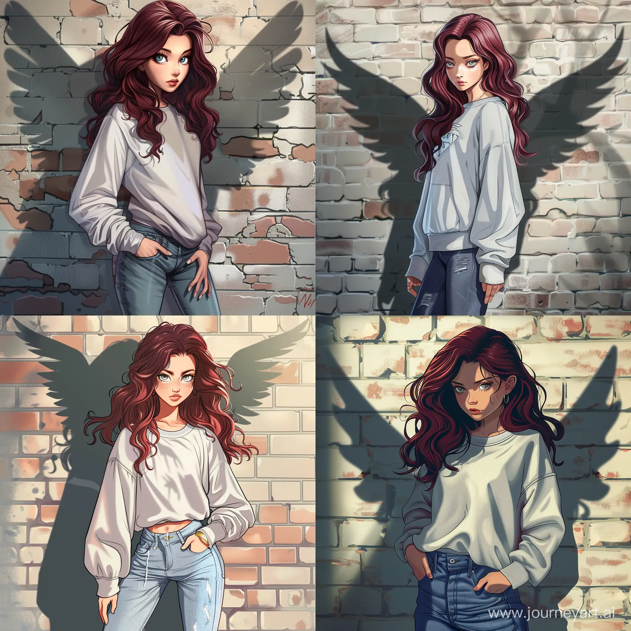 Teenage-Girl-with-Wavy-Dark-Red-Hair-and-Oversize-Sweatshirt-against-Brick-Wall-with-Shadow-of-Wings