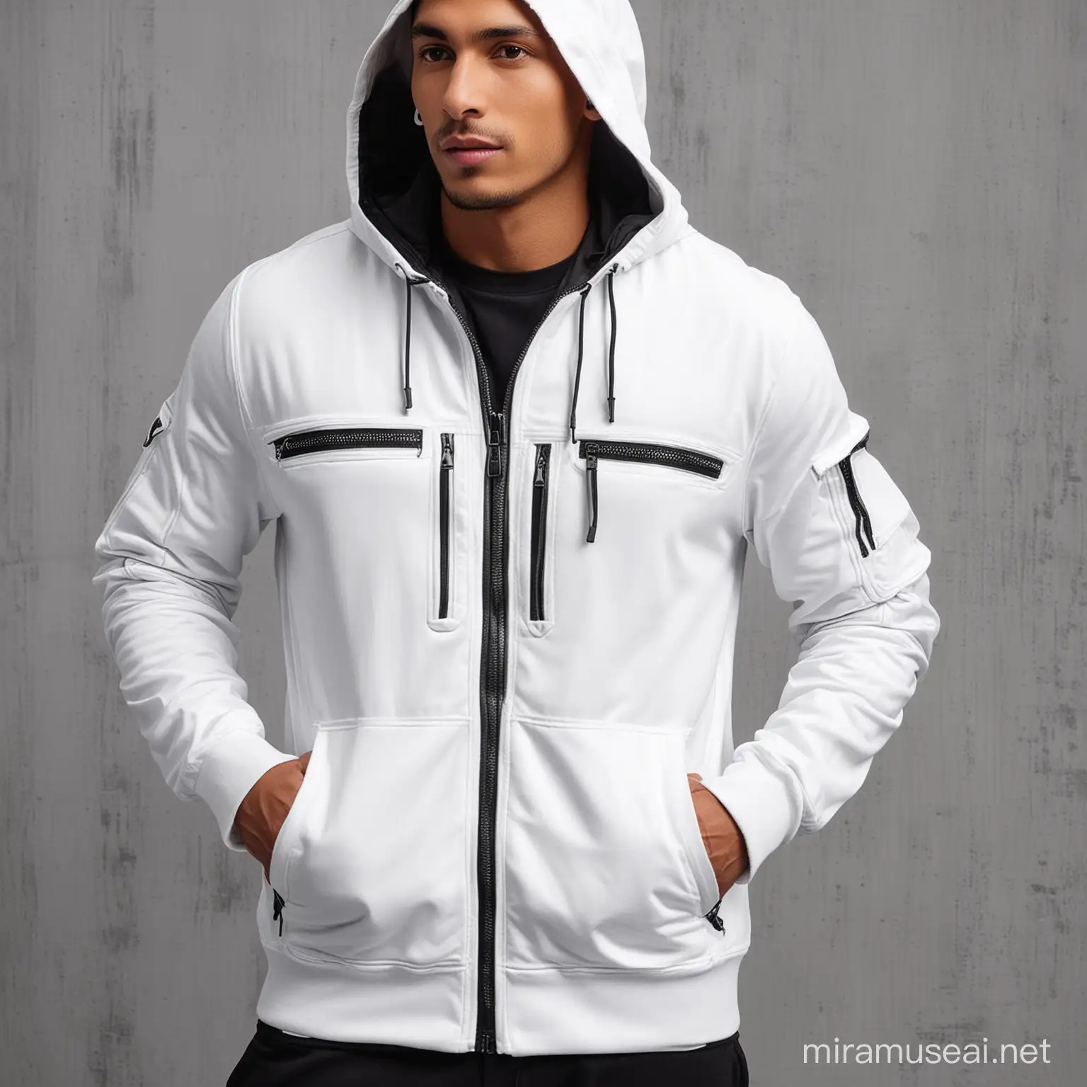 mens white urban style zip front active wear jacket  with hood and cargo pocket on front of jacket and 4 inch ribbing on the around the waist with black zipper