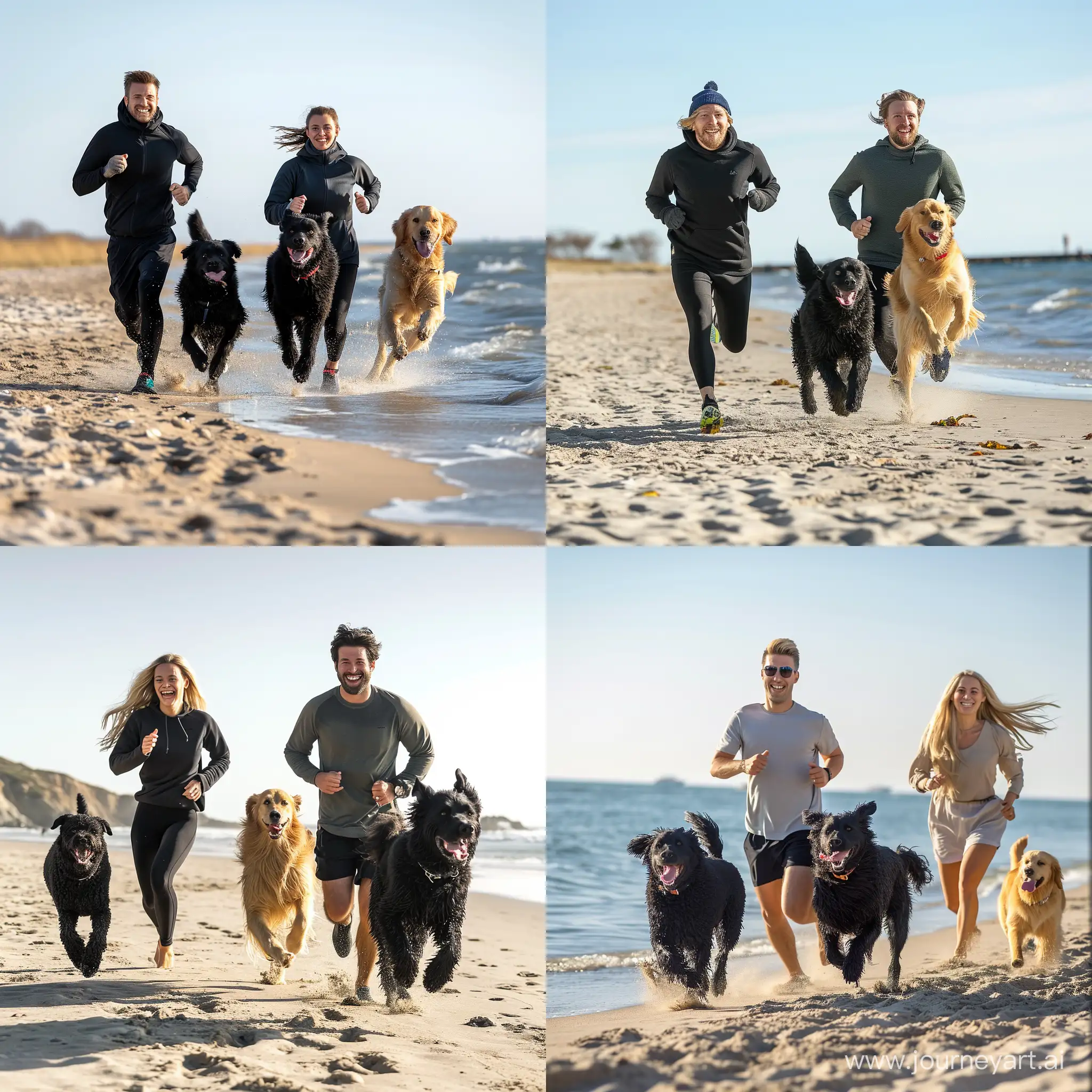 A gay couple on the beach running with two big black Belgian Sheepdog and one golden retriever