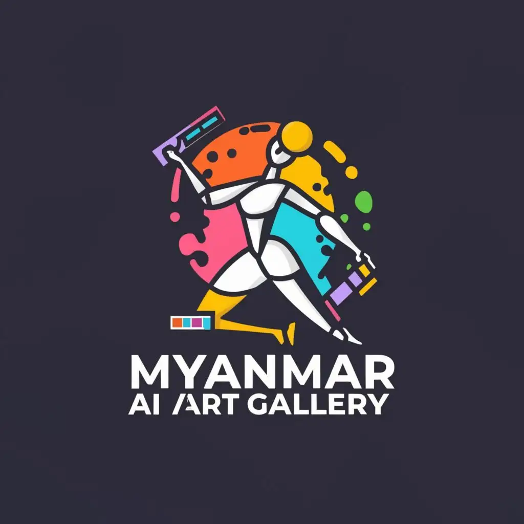 a logo design,with the text "Myanmar AI Art Gallery", main symbol:Figurative Female Humanoid AI robot is painting with color palette and brush , medium side shot , circle background ,Minimalistic,be used in Technology industry,clear background