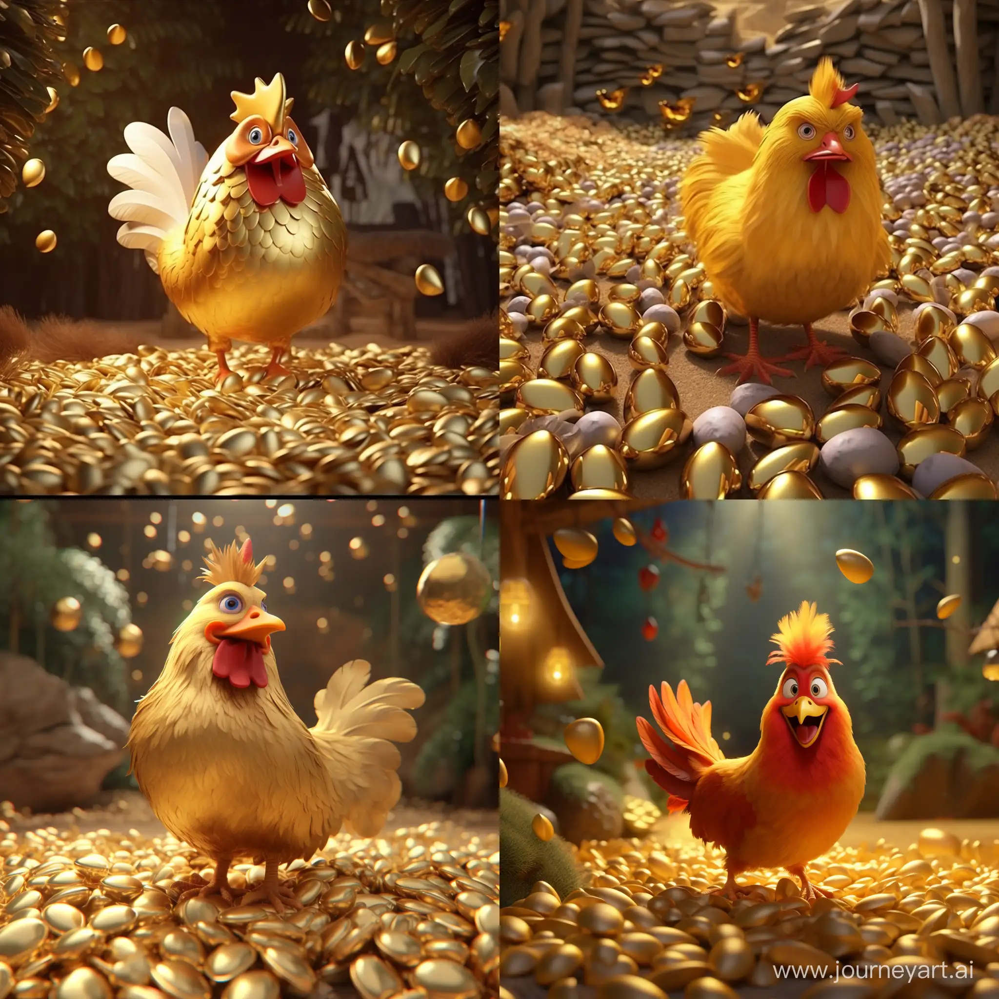 Chicken with golden eggs. 3D animation 