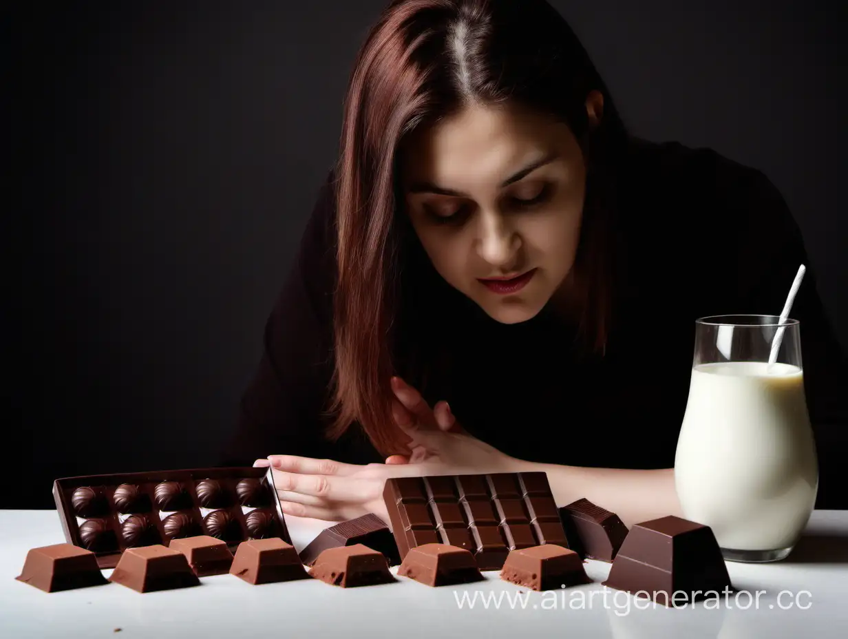 Шоколад, белый, чёрный, молочный, крафтовый с начинками. Женщина смотрит на шоколад. Натюрморт 