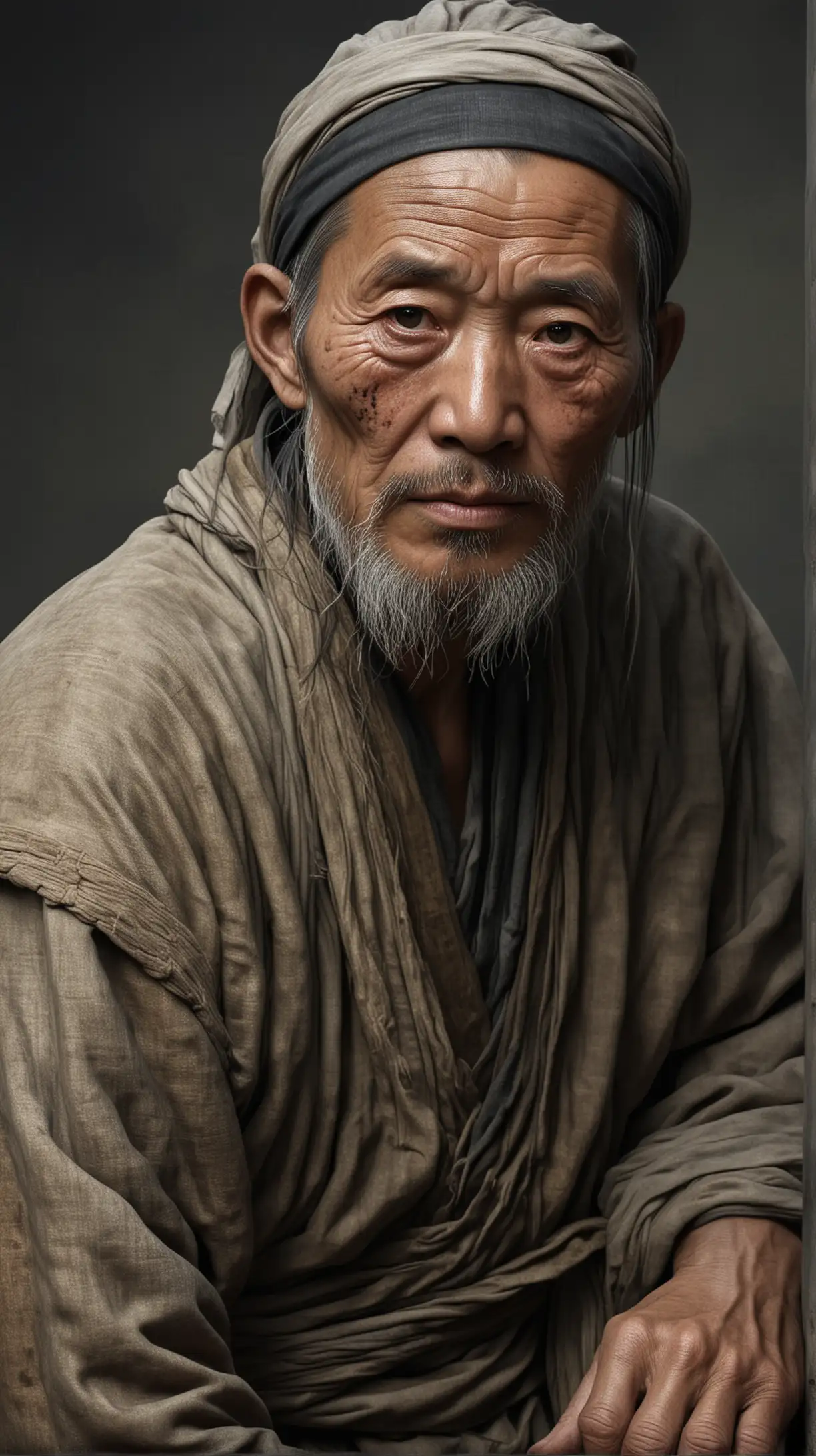 ancient Chinese poor man . hyper realistic
