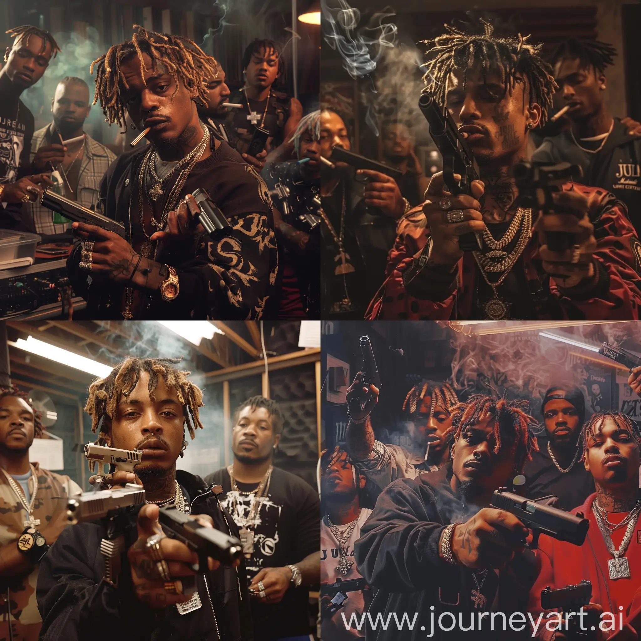 Juice wrld holding guns in a music studio, with other rappers whilst smoking