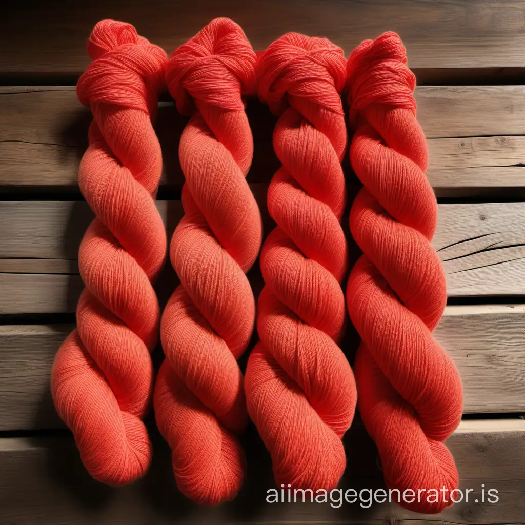 skeins of cashmere and fine flamed cotton yarn dyed with extract of rubia tinctoria roots in a beautiful coral red hanging on a wooden stick still damp