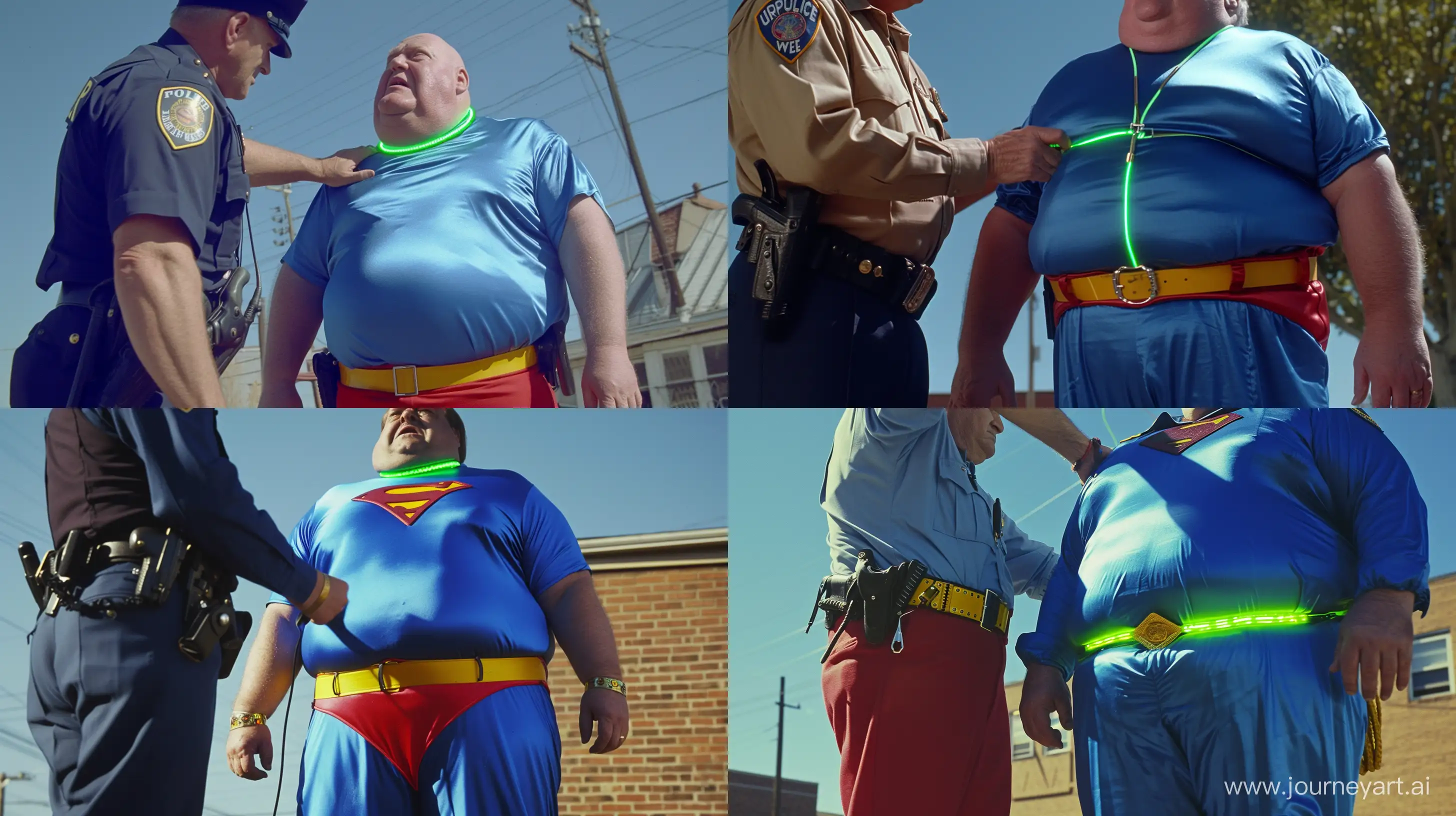 Close-up photo of a fat man aged 60 wearing a silk navy police officer. Tasing a fat man aged 60 wearing a tight blue silk 1978 superman costume. Blue shirt, blue pants, red trunks, yellow belt, red boots and a tight green glowing neon dog collar around the neck. Natural Light. Outside. --style raw --ar 16:9