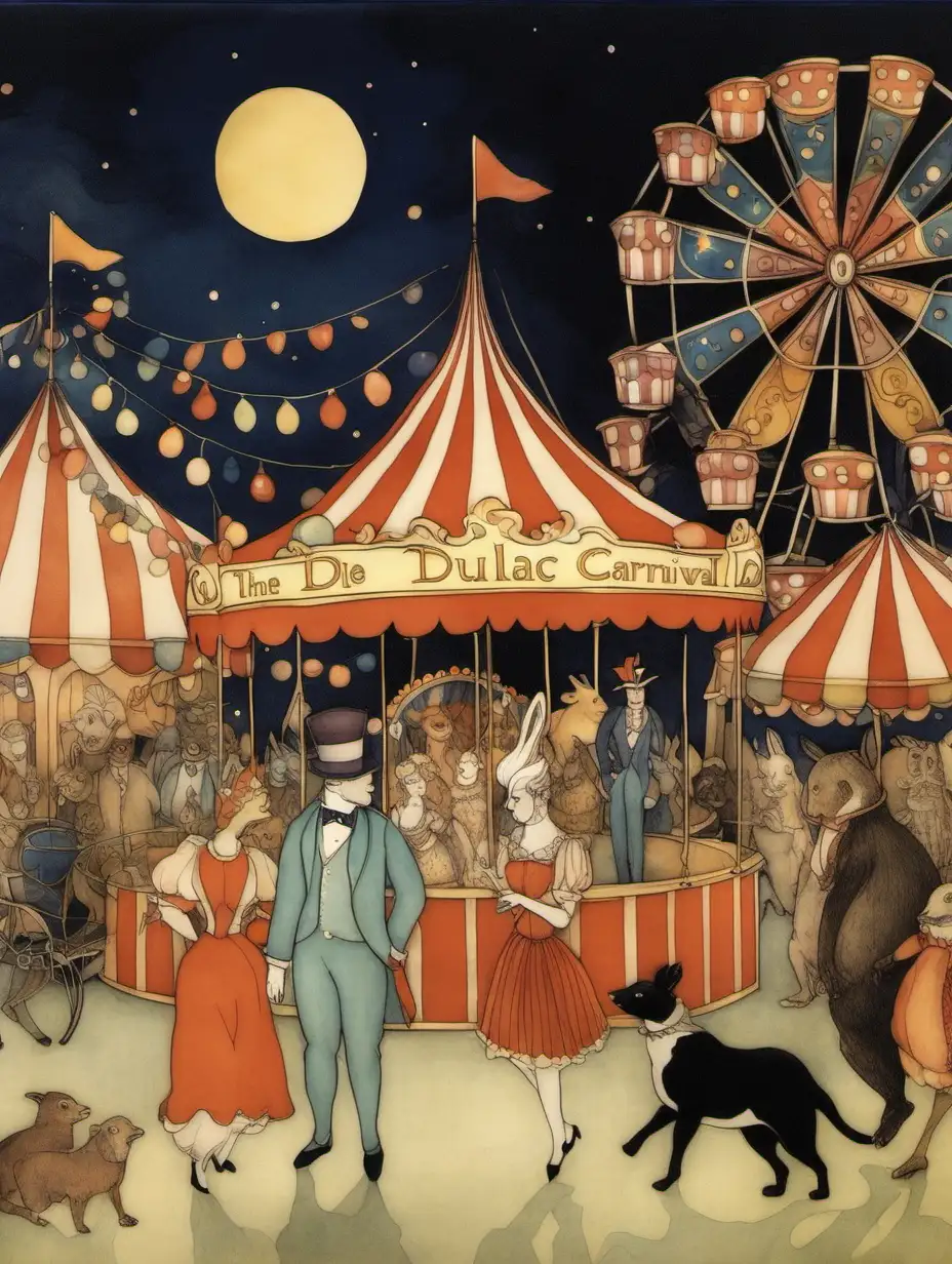 In the style dulac, a night time scene of a fair and carnival with both animals an humans in fancy dress