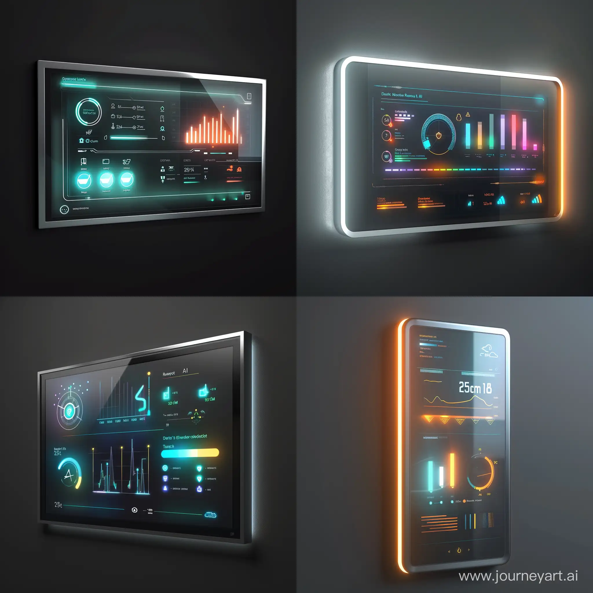 "Imagine  a sleek, rectangular, wall-mounted smart home interface with a smooth, touch-sensitive glass-like surface and a minimalist aluminum frame. The interface should glow with ambient intelligence, displaying vibrant, intuitive graphics for real-time energy consumption. Include ambient backlighting that auto-adjusts to environmental light, with a subtle logo in the lower right corner. Dimensions are 25 cm x 15 cm, thickness 1 cm. Focus on modern elegance and AI-driven efficiency."photorealistic product design style