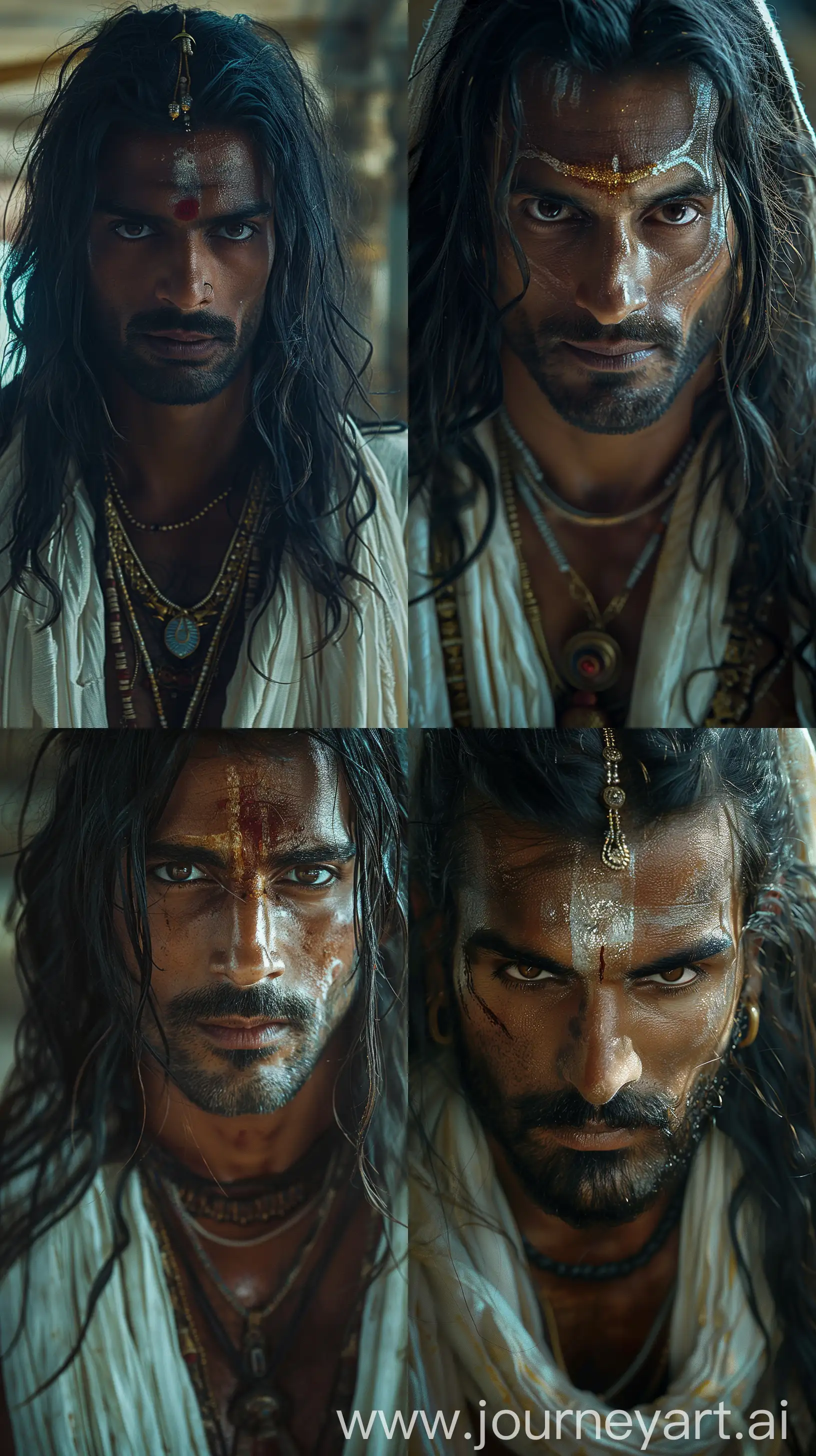 An Indian man in his thirties from ancient times in white attire, black long hair and clean shaven, with a intrigued look on his face, close-up image, intricate details, high resolution --s 500 --ar 9:16 --v 6