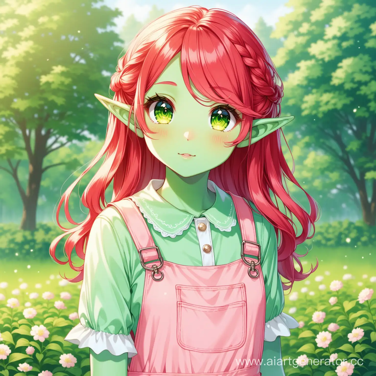 elf girl with green skin, red hair, pastel pink overall, cottage style, farm style