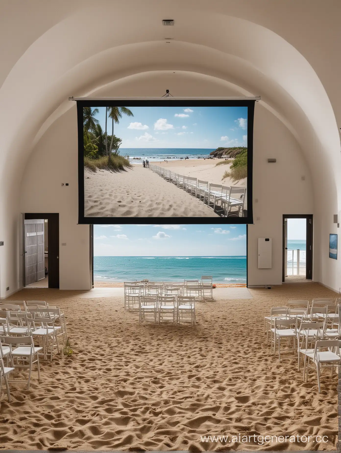 Presentation on a projector in a hall on the beach