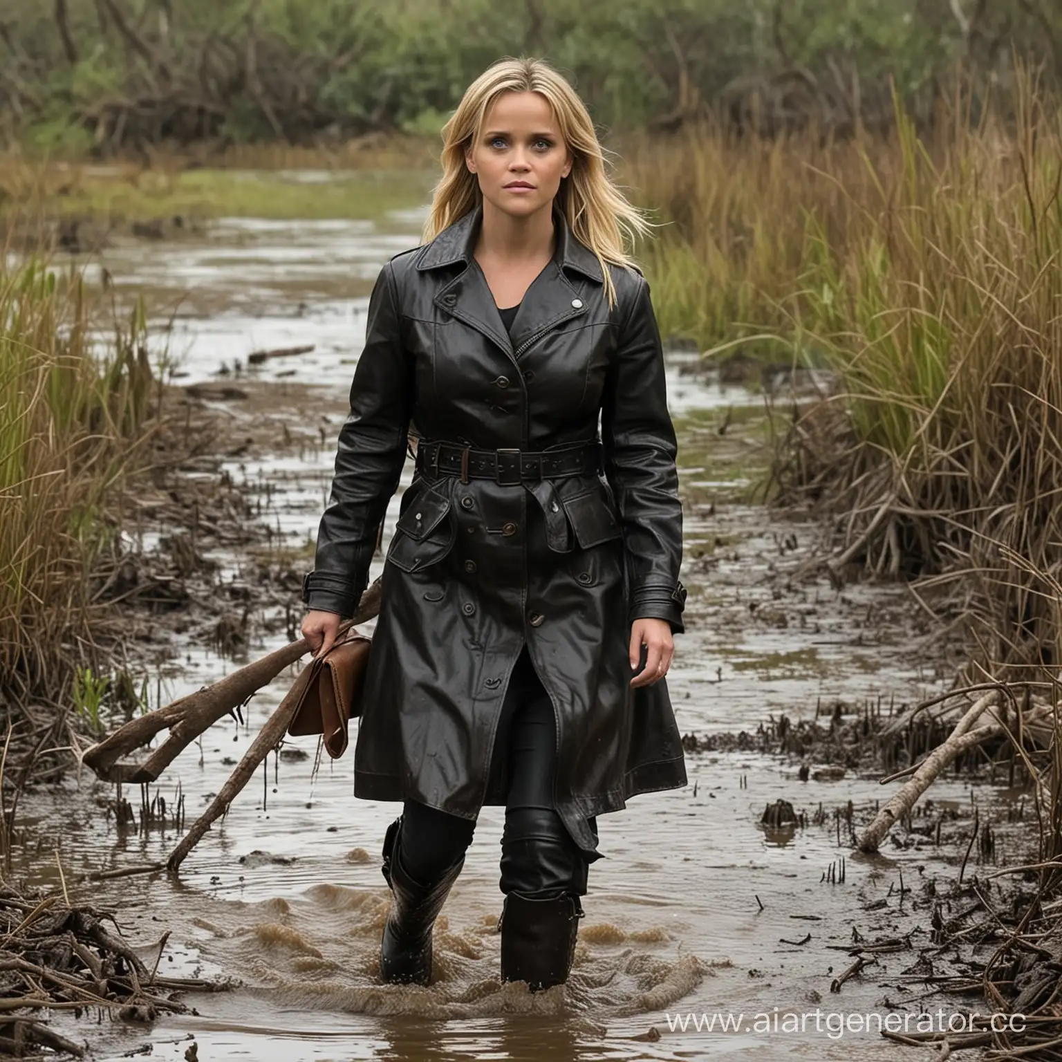 Reese-Witherspoon-Wearing-Dirty-Leather-Coat-Stuck-in-Swampy-Marsh