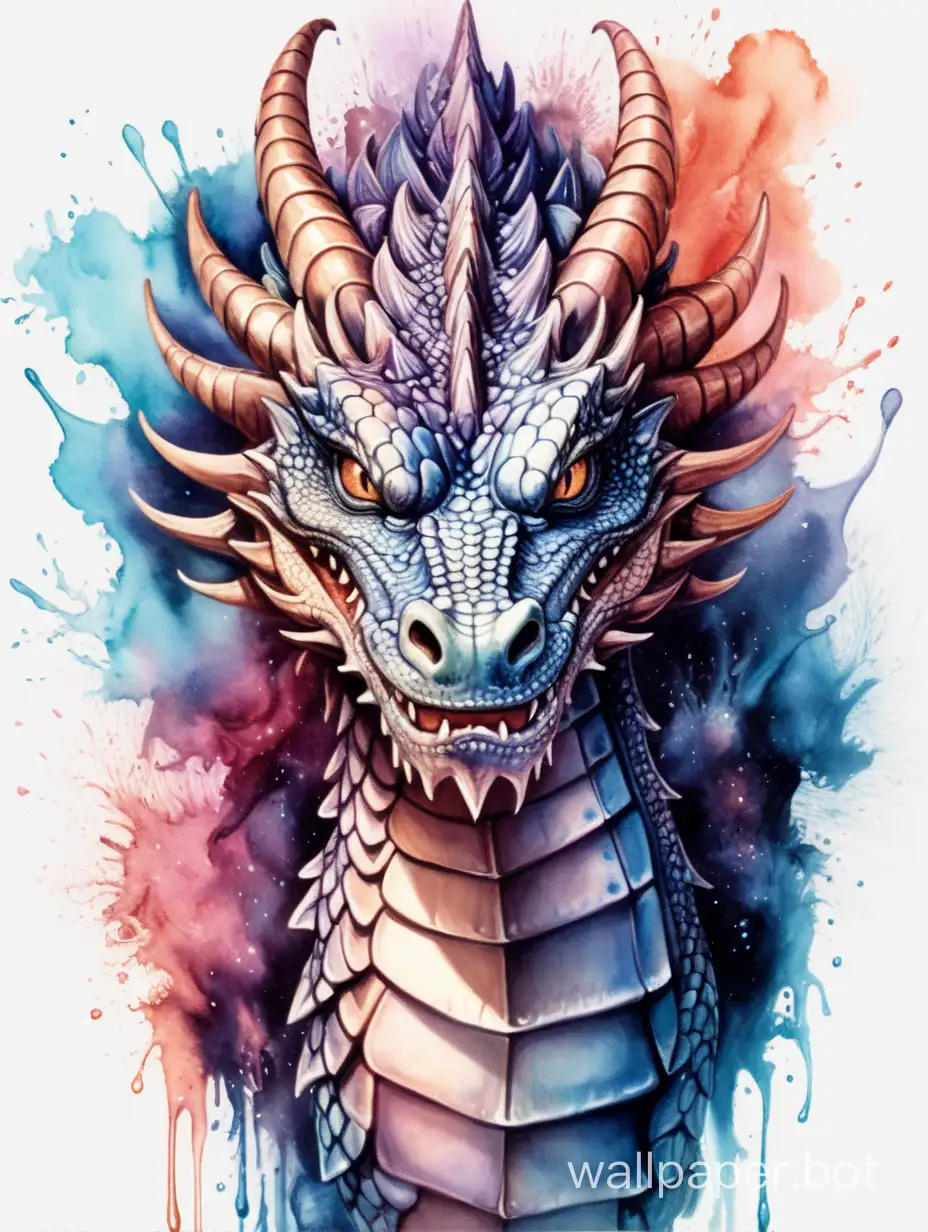 ethereal Bohemian front head of dragon, high contrast dripping ink, explosive watercolor, ornate, detailed illustration, octane render, sticker style
