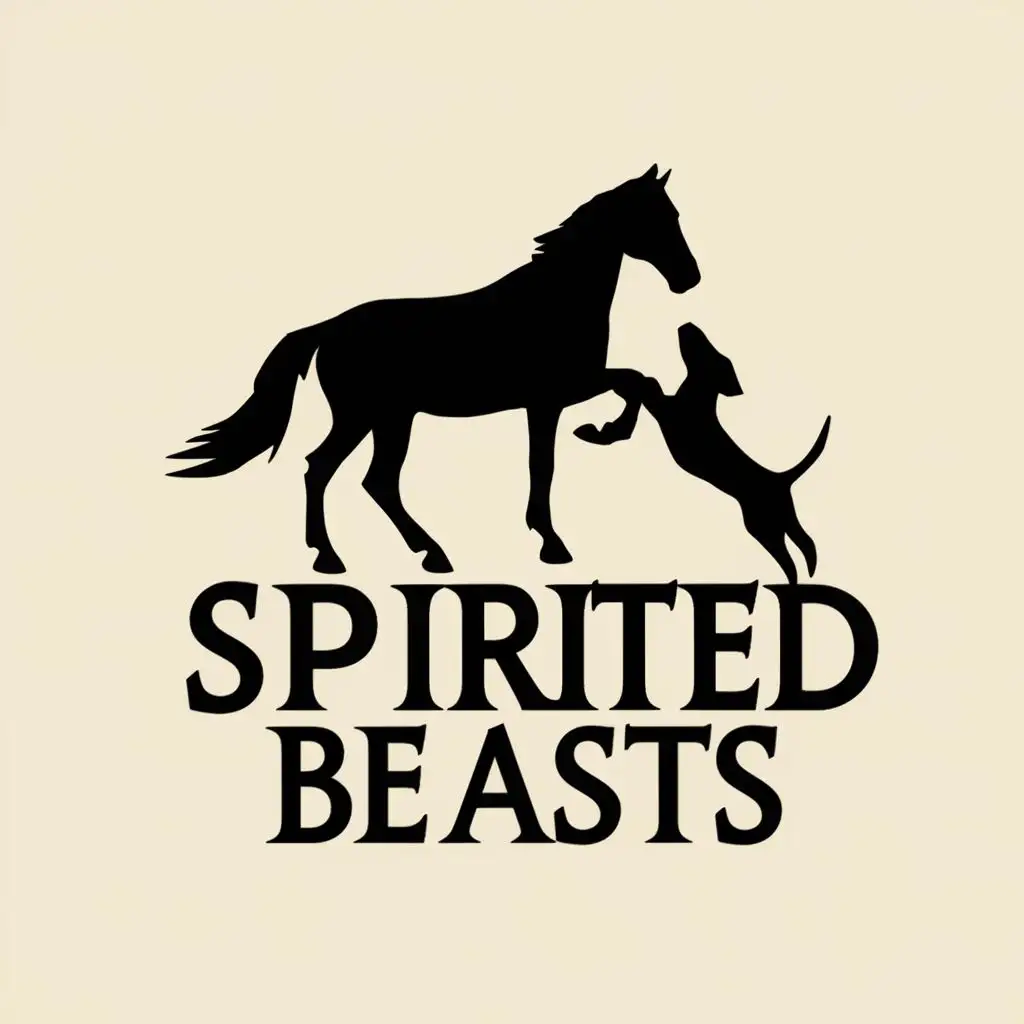 logo, a horse and dog playing, with the text "Spirited Beasts", typography
