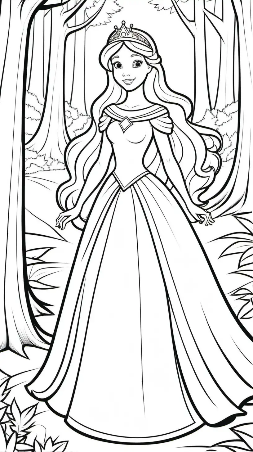 coloring pages for kids 8inch by 11 inch page, princess in front of a forest, cartoon style, thick lines, low detail--no shading--ar 9:11--v5

