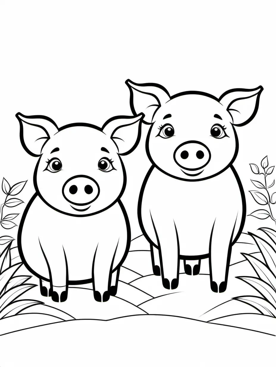 two pigs, Coloring Page, black and white, line art, white background, Simplicity, Ample White Space. The background of the coloring page is plain white to make it easy for young children to color within the lines. The outlines of all the subjects are easy to distinguish, making it simple for kids to color without too much difficulty