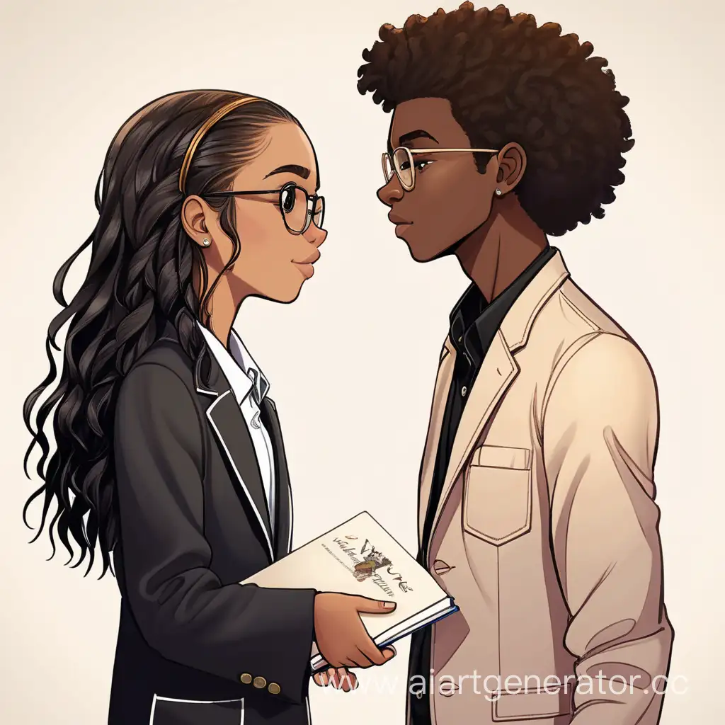 Make a book cover  Title: Love Beyond Hate  Book genre: Romance  Visual composition: A Wattpad animation or cartoon illustration of a girl and a boy on the cover. The boy looks like a teen, and he has short black dreadlocks that are right above his eyes, just barely covering them. The teen boy is African and wears black glasses. The boy is holding a diploma in his hands while looking at the teen girl. The teen girl is mixed. She has a black dad and a black mom, so she should have fair black skin. The teen girl has brown hair and has puffy, wavy, and a little curly hair. Her hair is close to an afro since she is mixed, but not quite an afro. The teen girl should be looking back at the teen boy. The teen boy should be wearing a black unbuttoned blazer, a white long-sleeve shirt with a collar, an iron shirt, and black pants to match the blazer; he was wearing black Oxford shoes. The teen girl should be wearing a black satin dress and her hair down; she was wearing black mini-hills to match her dress.  Typography: Make the font simple for the book title and easy to read. Make the font white, and the text of the title should be in capitals. The author's name should be on the bottom. The author's name is Rizzensc and the Title is Love Beyond Hate.  Layout: The title should be on the center of the cover, and the teen boy should be on the upper middle right side of the cover, looking down at the girl with his diploma, and the girl should be looking back at him in the middle-ish left of the cover. The teen girl should be a little bit shorter or closer to the bottom of the cover than the teen boy, and she should be looking at him.  Material:  Explanation: The chosen visual is to show the visual that the book is about their graduation but it is also so that they can tell the attraction the characters have for each other. The animated look is to keep it simple and attract people. I am going for an official Wattpad story, type cover.