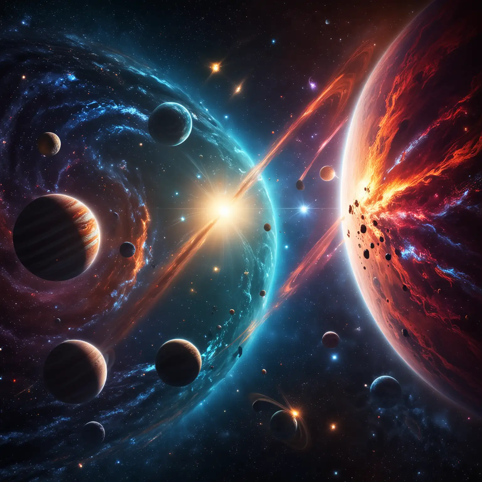 colorful space scene with planets, stars and galaxies