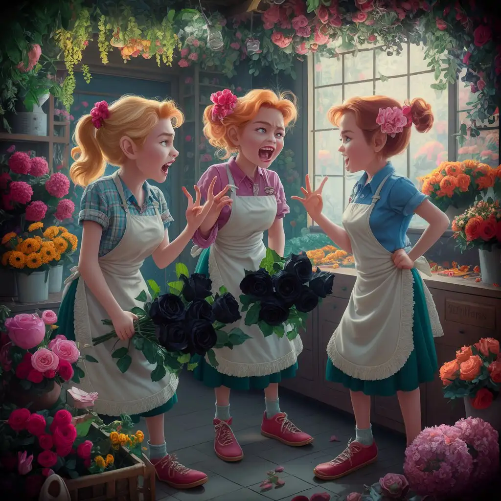 три девушки флористы спорят о черных розах в цветочном магазине