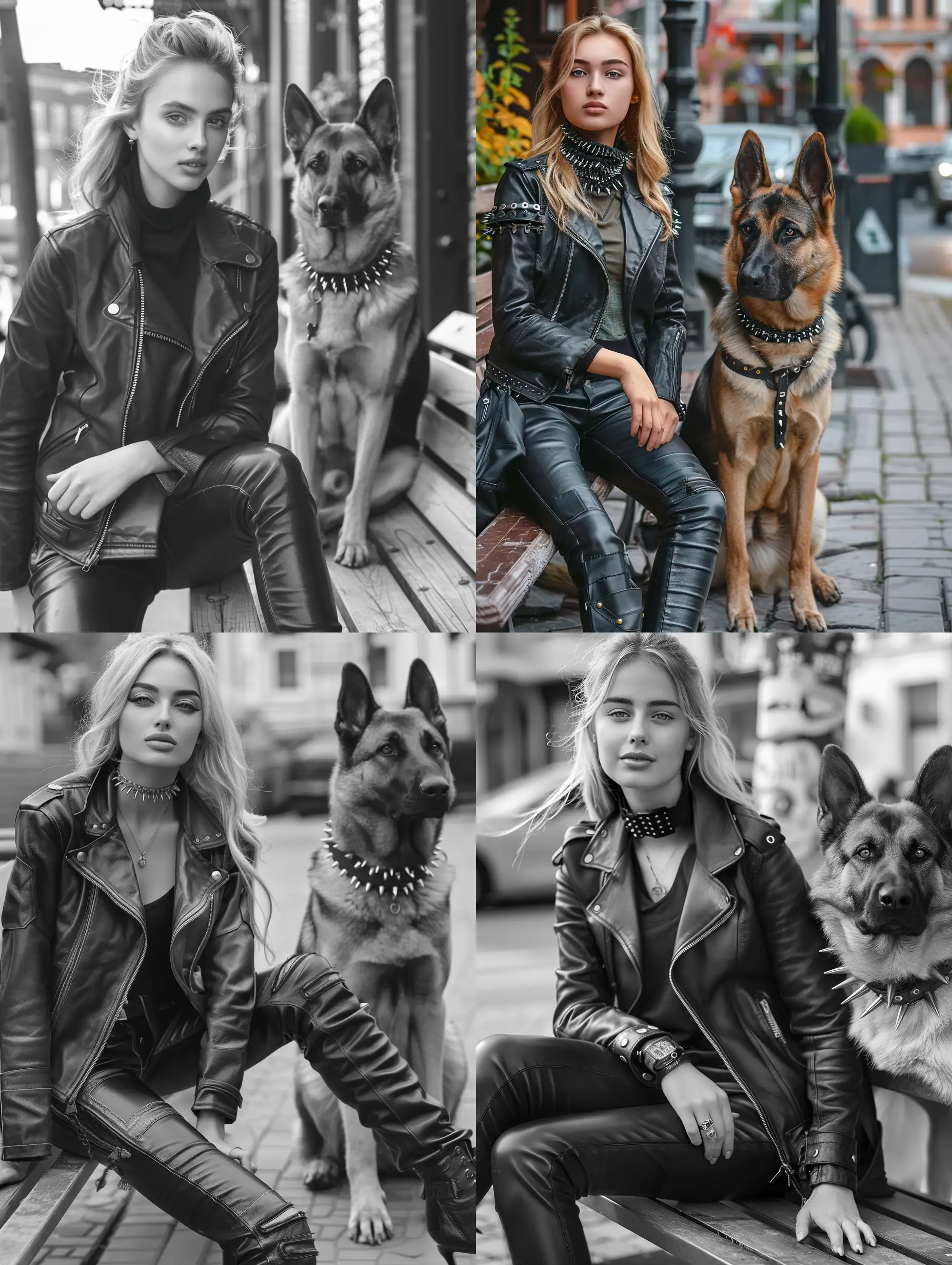 Blonde-Girl-in-Leather-Jacket-Sitting-with-German-Shepherd-on-Street-Bench