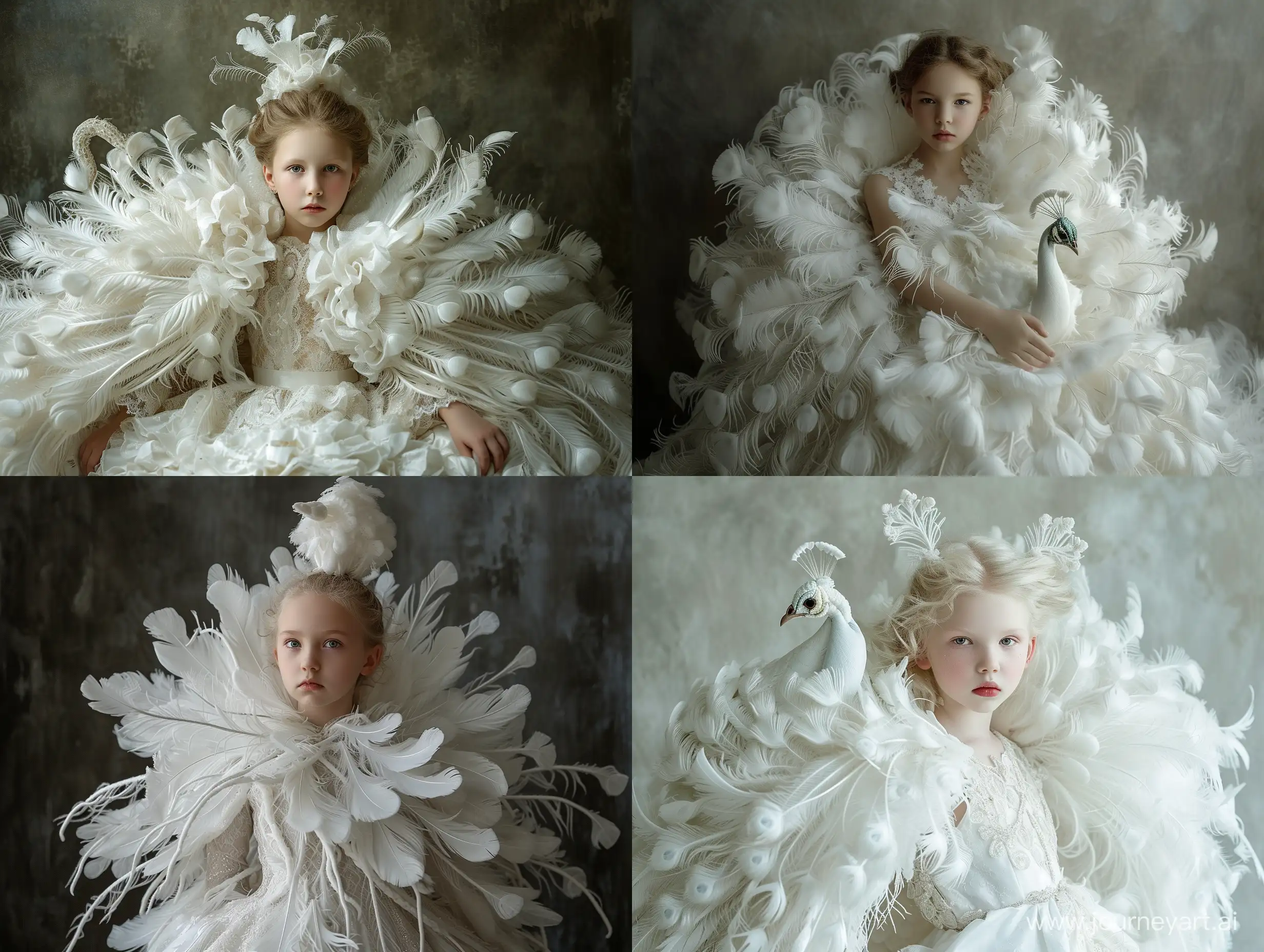 12 year old Slavic girl wearing a dress made of white peacock, fine penn style, white, natural inspiration, elegant formal, organic sculpture, aesthetic movement, oriental russian style, portrait photography by timwalker, fashinon editor, realistic portraits are all, 4k Army of me. 12 yo girl from film hugs dad. Dark éditorial photography of 12yo little girl for  magazine. Dark glamour, figura serpentina, gothcore dystopian weird edgy vibes, playfully Dark