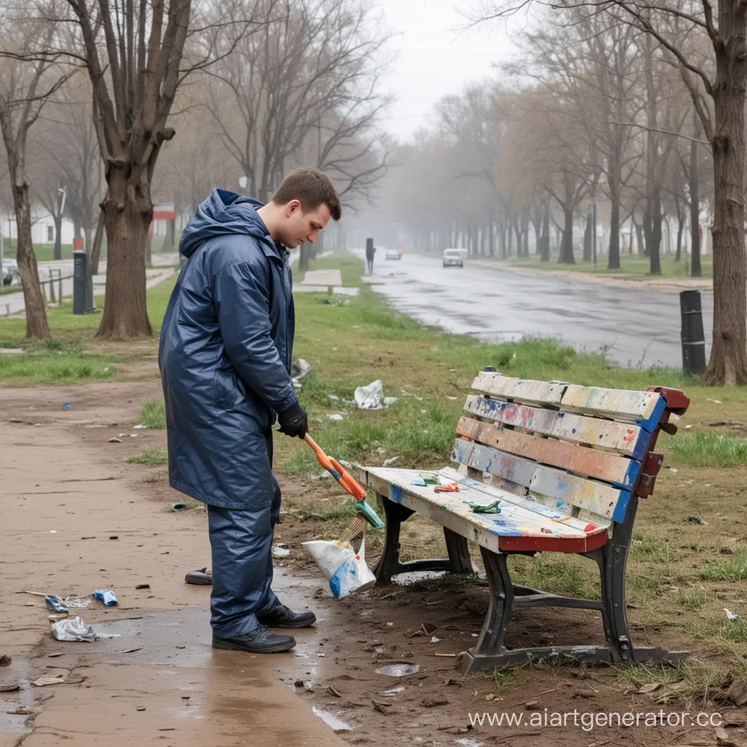 Республиканский субботник в Беларуси. Много людей красят скамейки в городе, убирают мусор. Весной пасмурно и облачно.