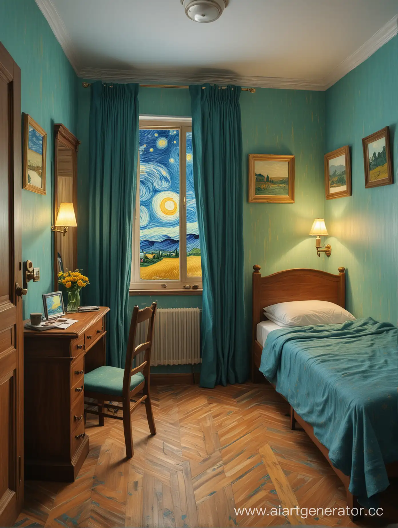 Starry-Night-Themed-Hotel-Room-with-Van-Gogh-Inspired-Art