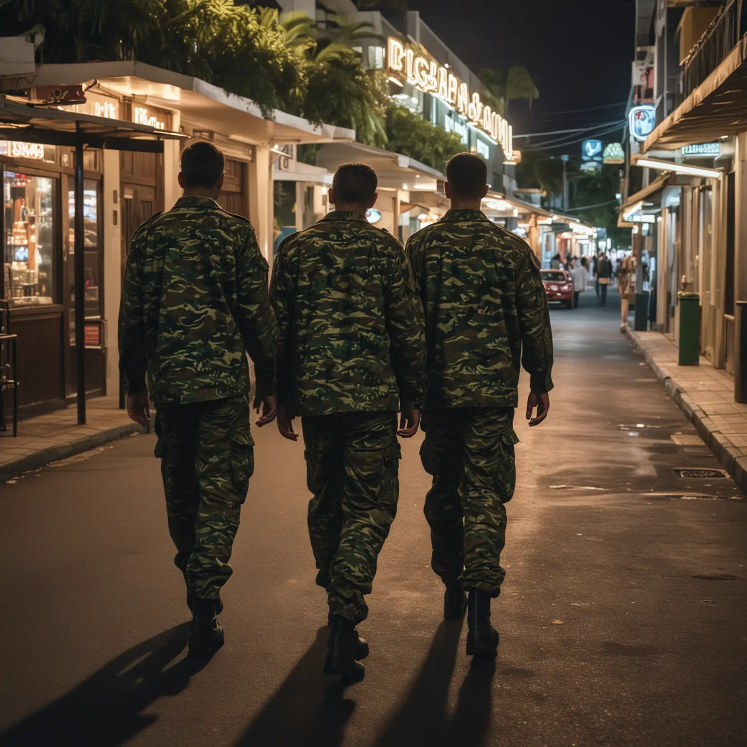Dans l'environnement tropical de l'ile de la Réunion de nuit, dans une rue passante avec casino, bars, discothèque.
3 jeunes hommes militaires, habillés avec des treillis se balade dans la rue, on les voit de dos