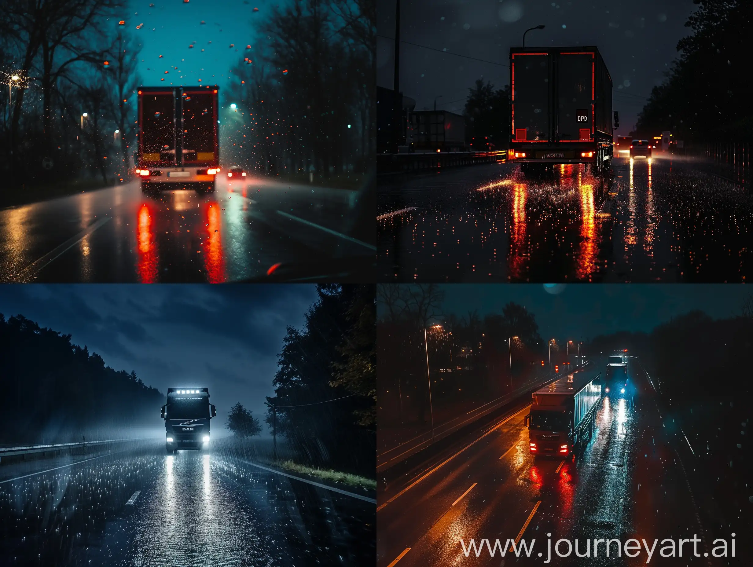 Night, route, dpd transport Europe TIR in motion, car light, dark, rain