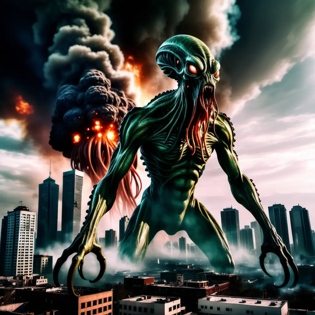 alien with tentacles towering over city, horrible ugly monster, city on fire, horror movie scene