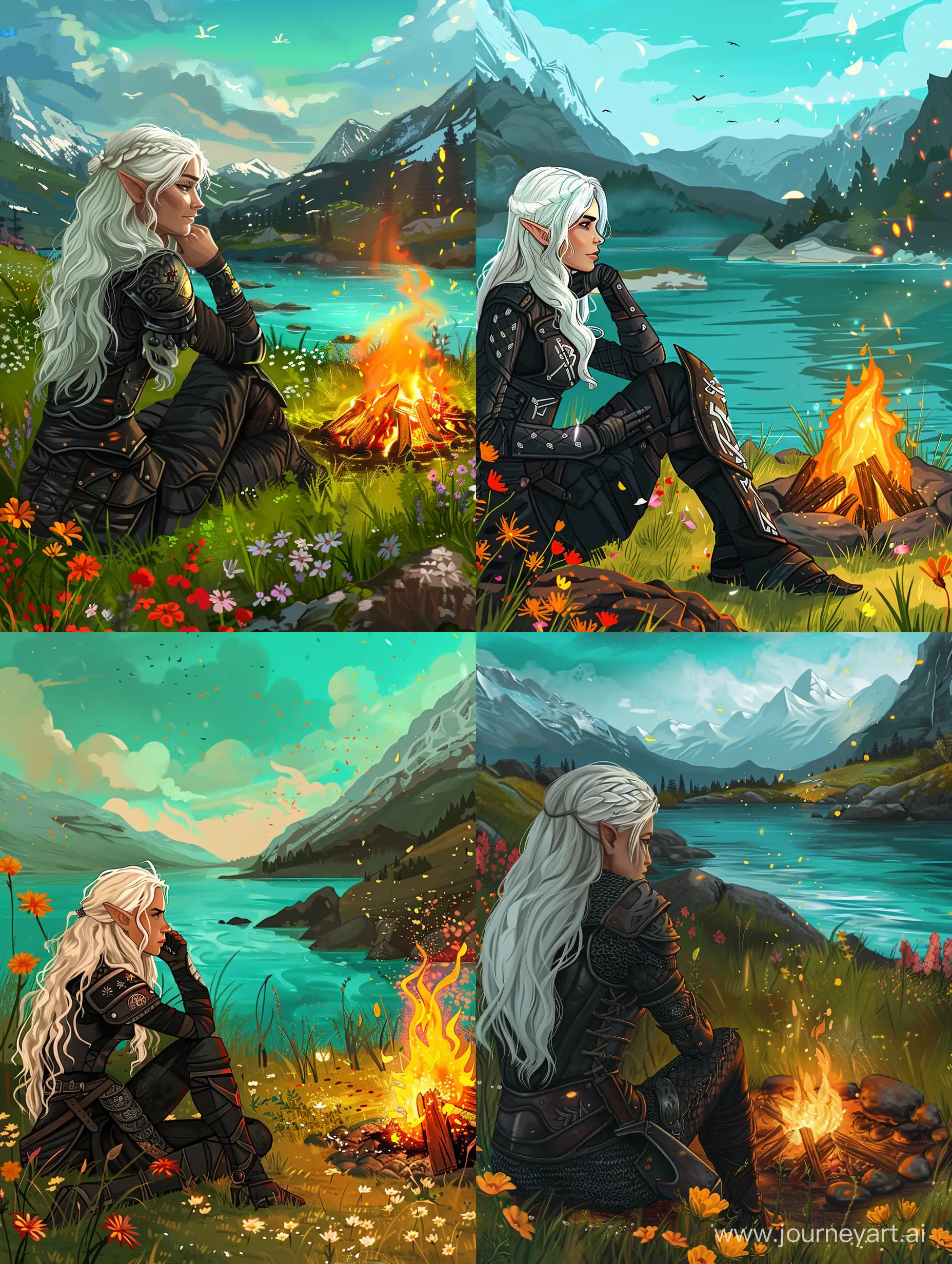 With snow-white hair, a Nordic Viking woman sitting by a campfire and thinking about her love in spring, skyrim background, spring and blooming flowers, dressed in black Skyrim armor, turquoise sky and golden mist near the mountains, funny and cute cartoon drawing, cinematic style -- s 50