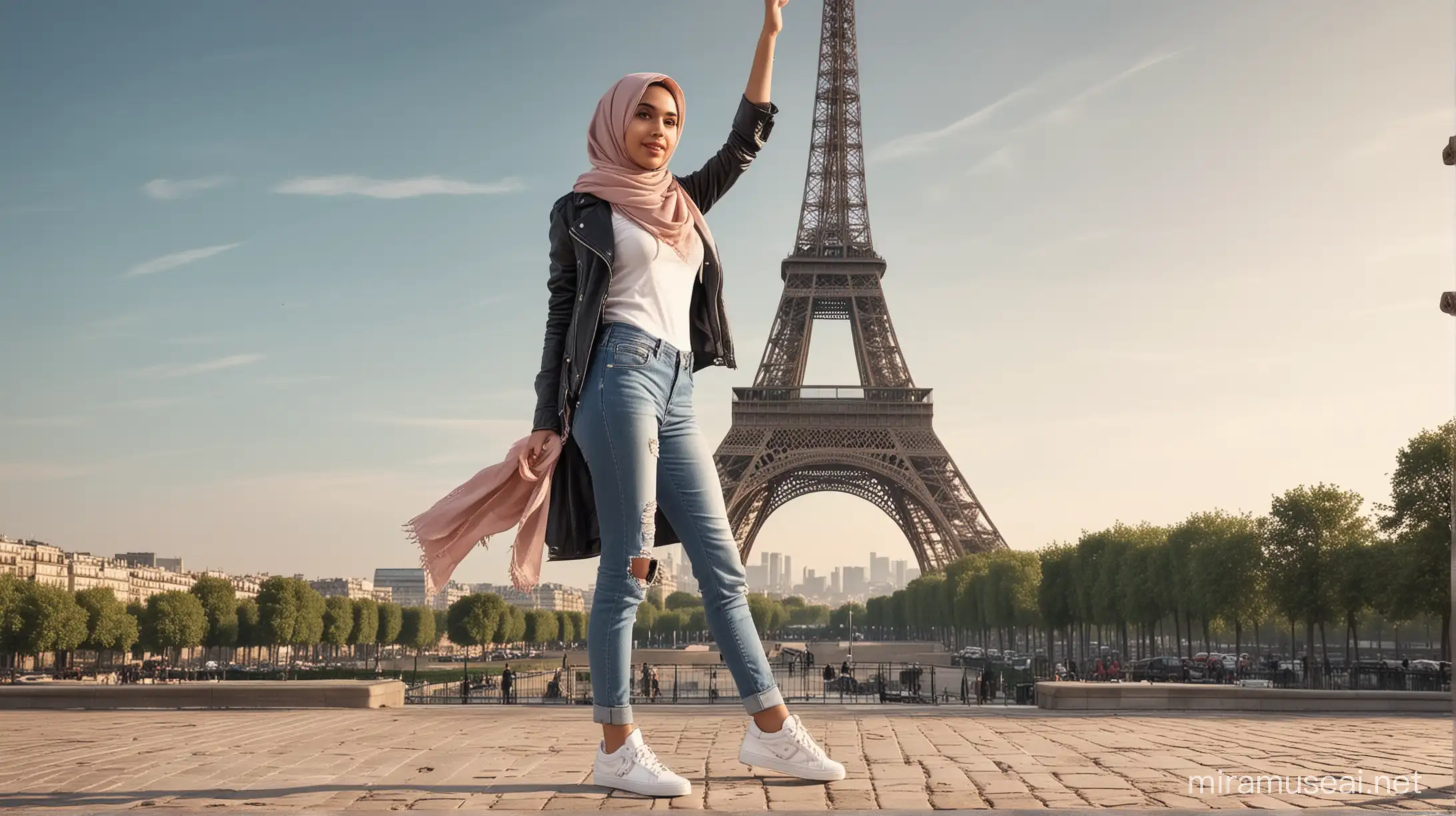 wanita cantik bersih, hijab dengan memakai jaket kulit dan Levis sobek, dan sepatu snaker berwarna putih sedang  pose berdiri di  belakang menara eiffel ikonik saat pagi yg cerah, dengan tangan 🤙🏻ke arah camera gaya realistis, suasana romantis ultra HDR extreme 