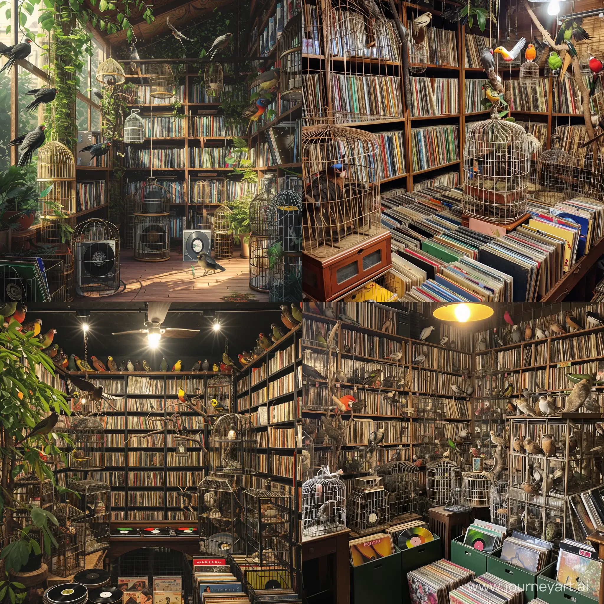 Eclectic-Vinyl-Library-with-Exotic-Caged-Birds